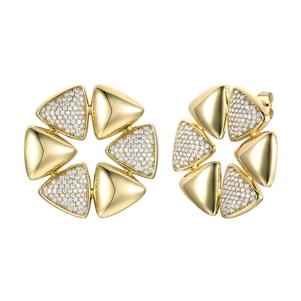 Rachel Glauber Gold Plated With Diamond Cubic Zirconia Pave Large Modern Abstract Flower Stud Earrings