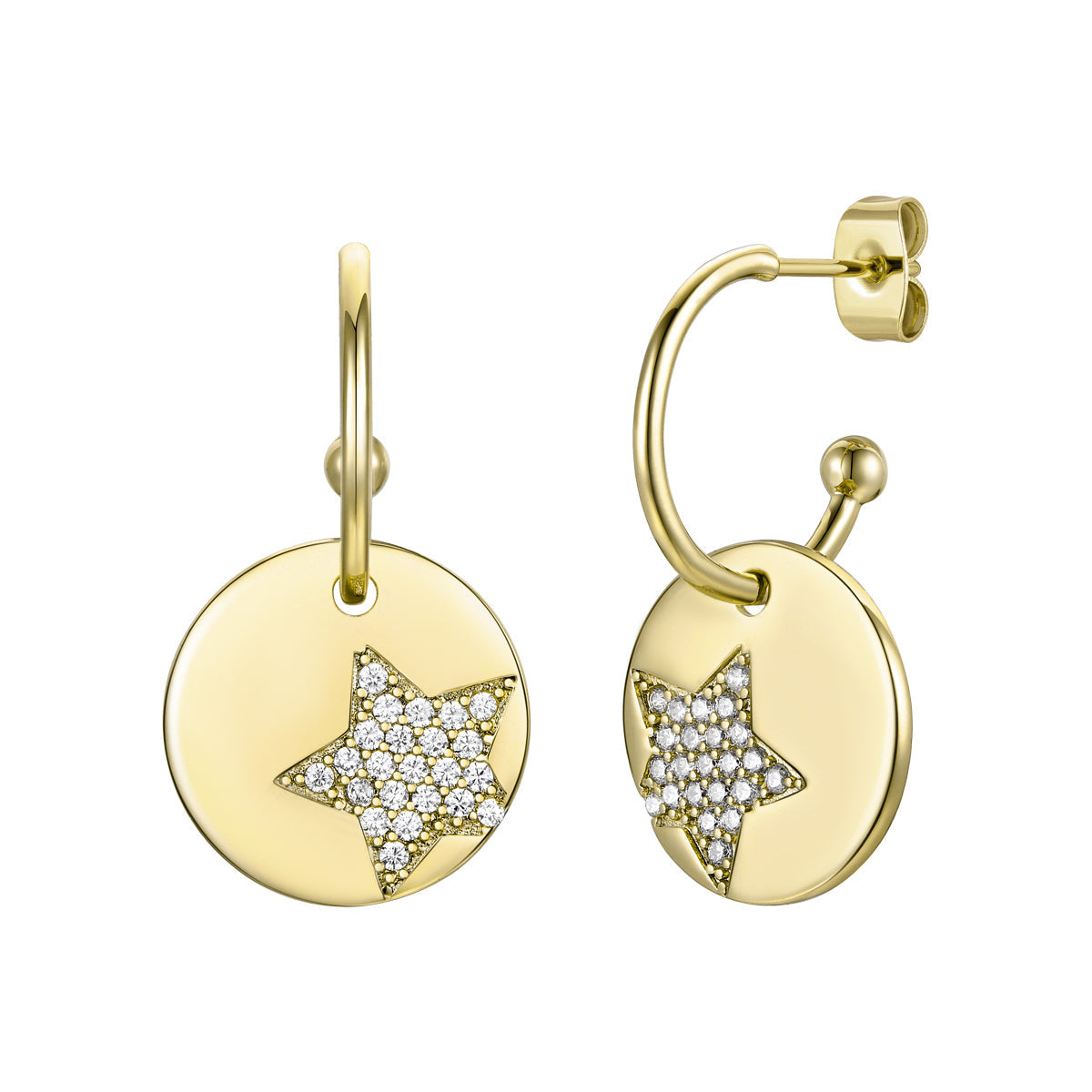 Rachel Glauber Gold Plated With Diamond Cubic Zirconia Star Medallion Charm C-Hoop Earrings
