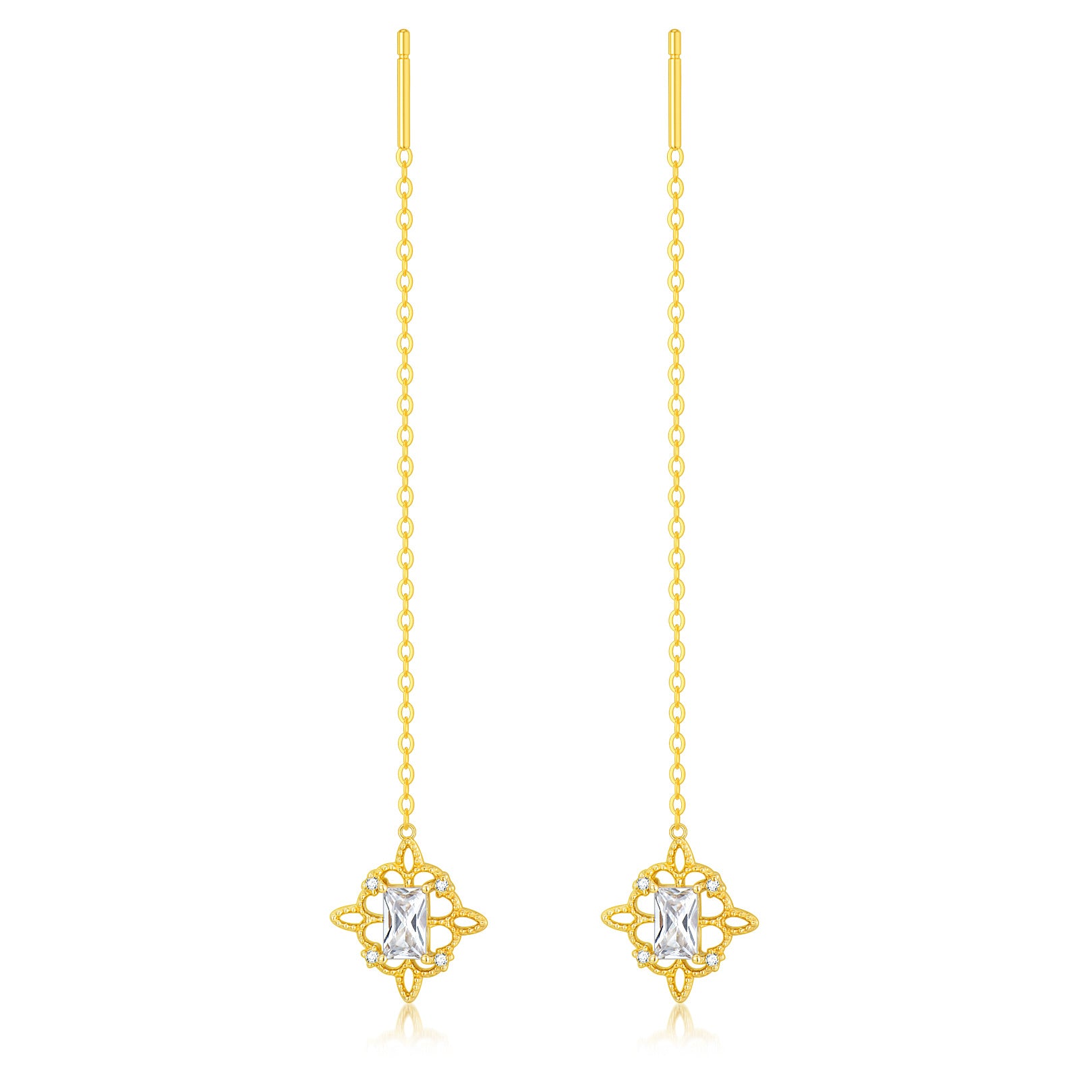 14K Gold Princess-square Shaped Cubic Zirconia Celtic Knot Drop Earrings
