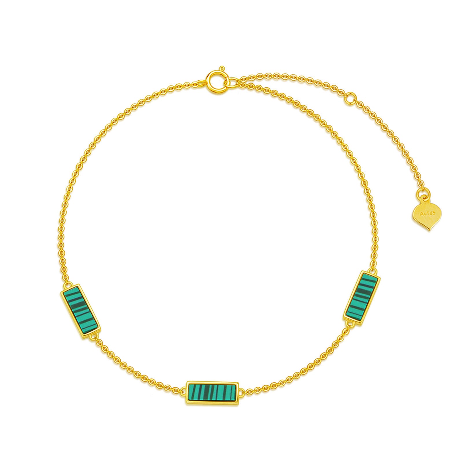 14K Gold Princess-square Shaped Malachite Charm Bracelet