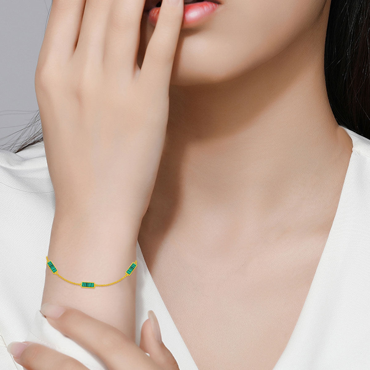 14K Gold Princess-square Shaped Malachite Charm Bracelet