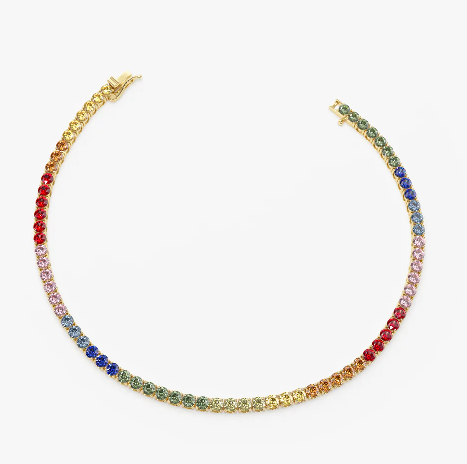 14K Gold Prong Setting Diamond and Multi-Color Sapphire Tennis Bracelet 2mm