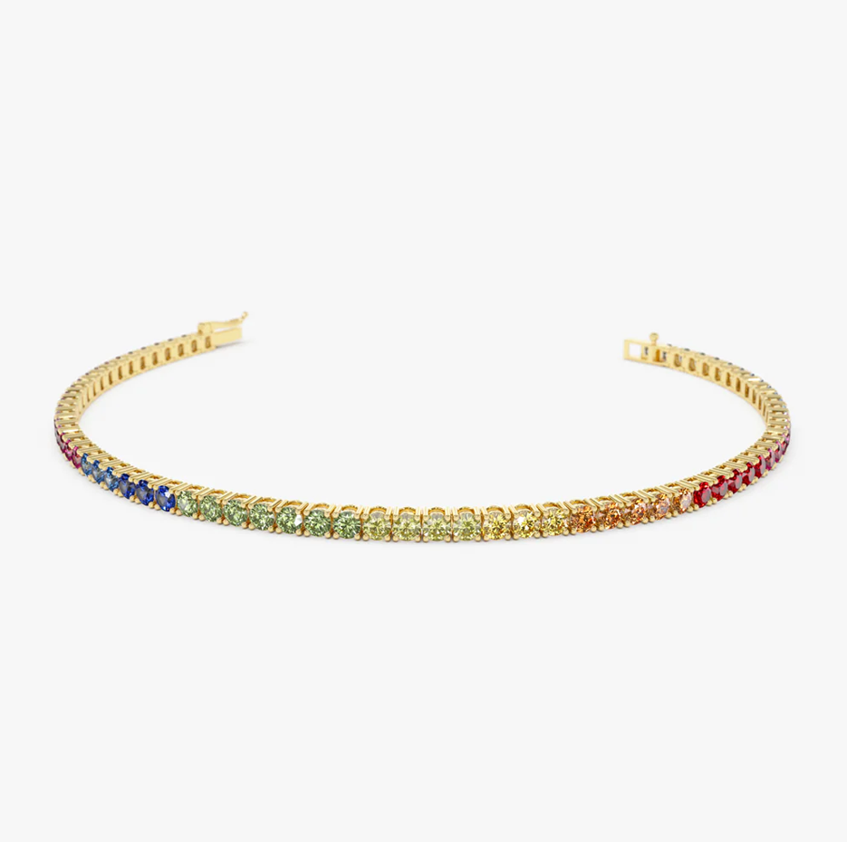 14K Gold Prong Setting Diamond and Multi-Color Sapphire Tennis Bracelet 2mm