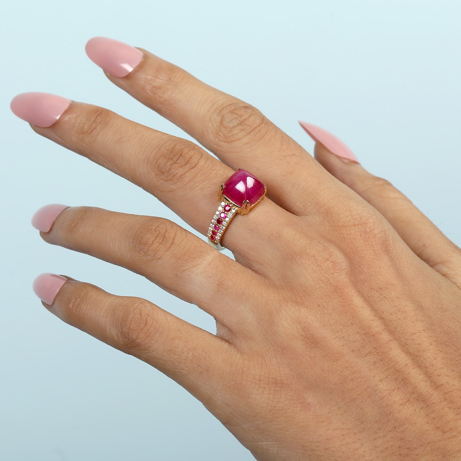 14K Gold Pyramid Ring With Ruby & Diamond – Bold Cocktail Design