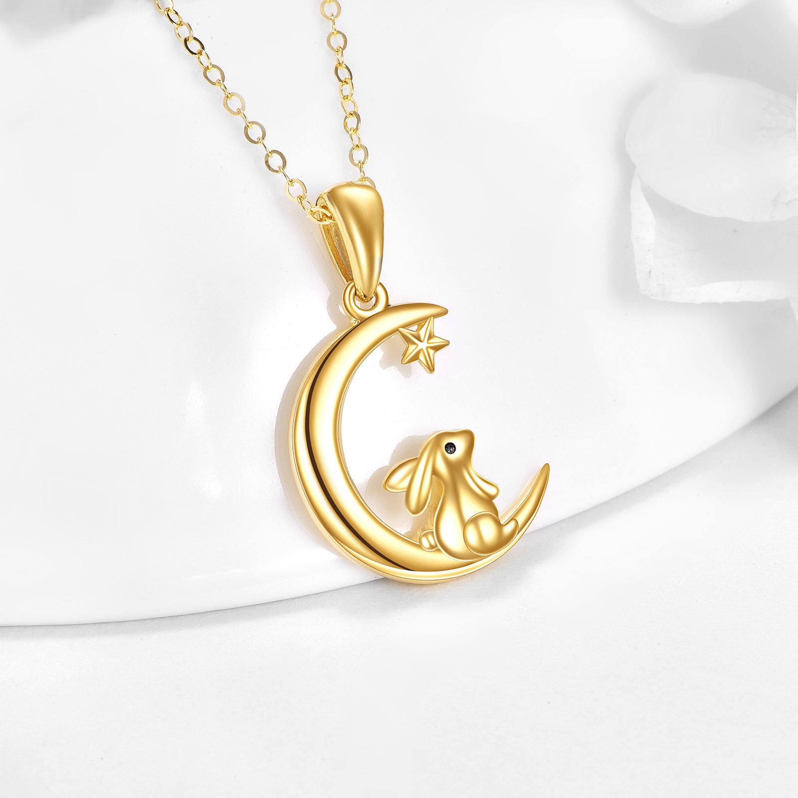 14K Gold Rabbit & Moon Pendant Necklace