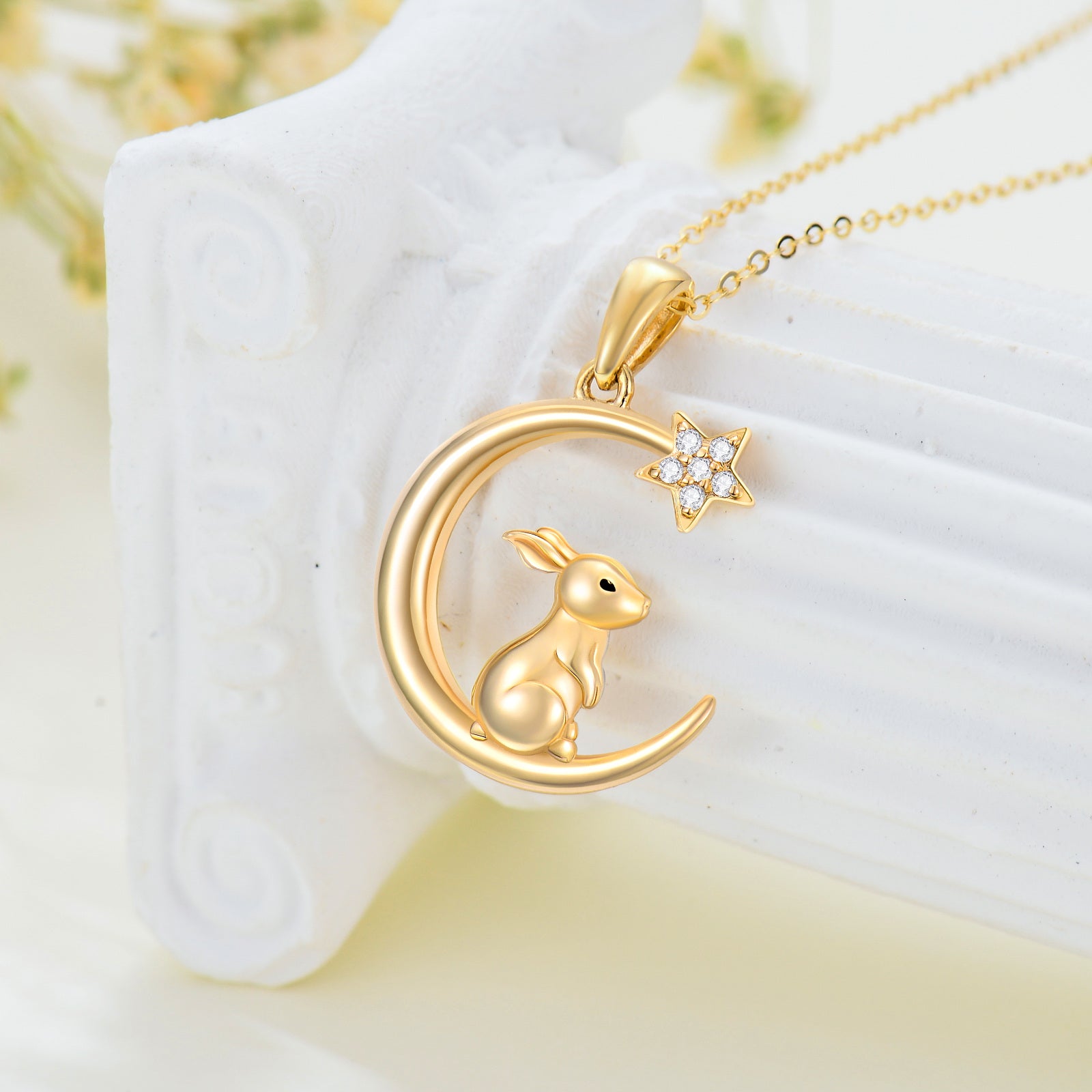 14K Gold Rabbit & Crescent Moon Star Pendant Necklace