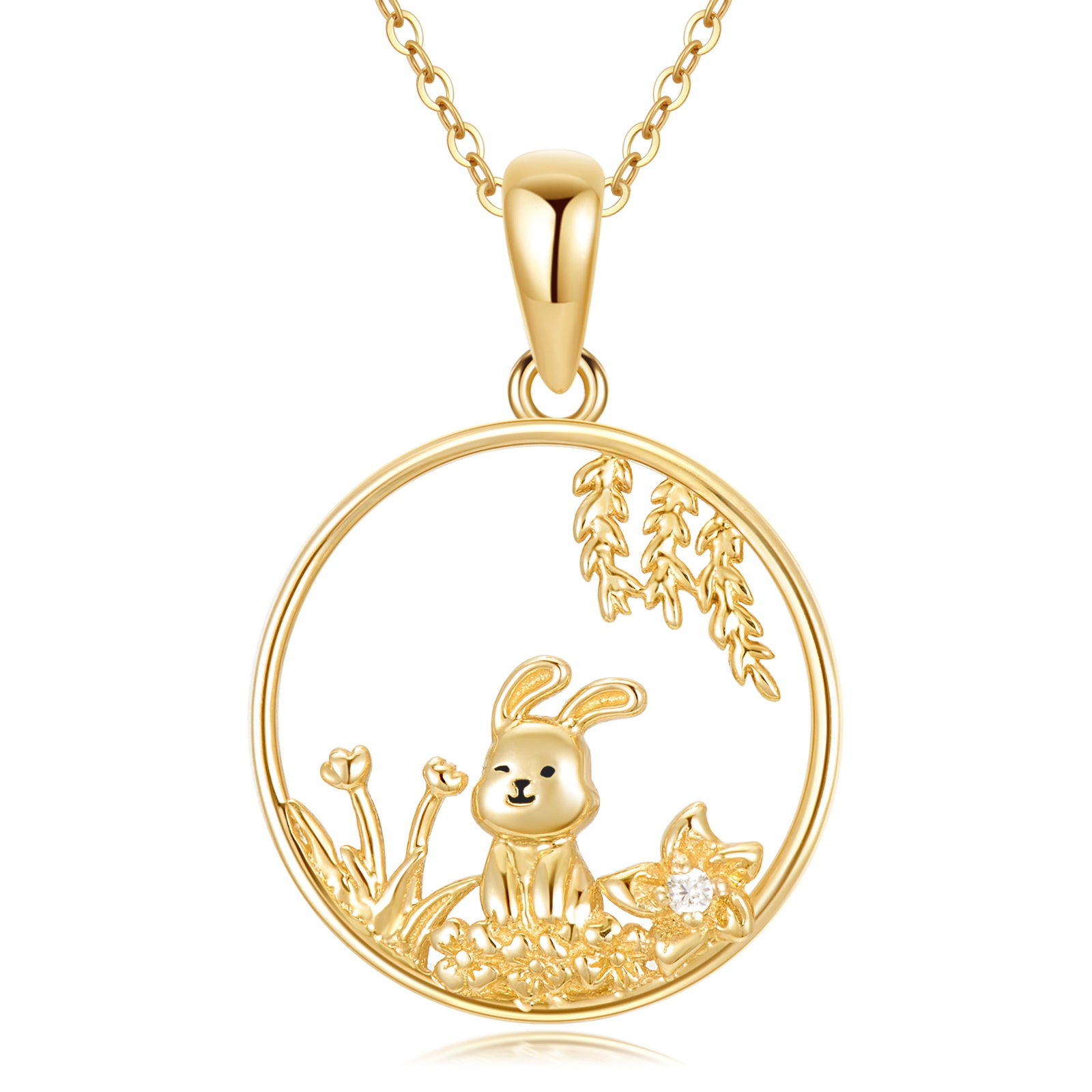 14K Gold Cubic Zirconia Rabbit Pendant Necklace