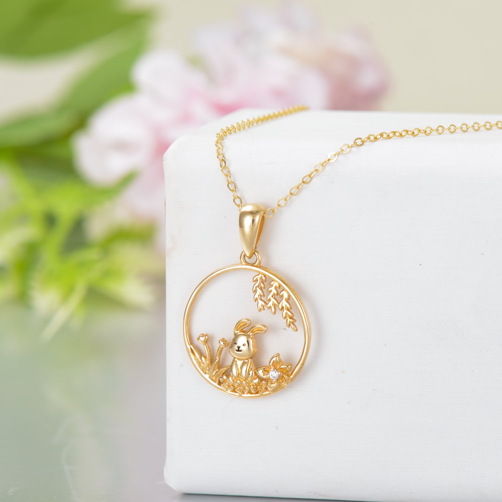 14K Gold Cubic Zirconia Rabbit Pendant Necklace