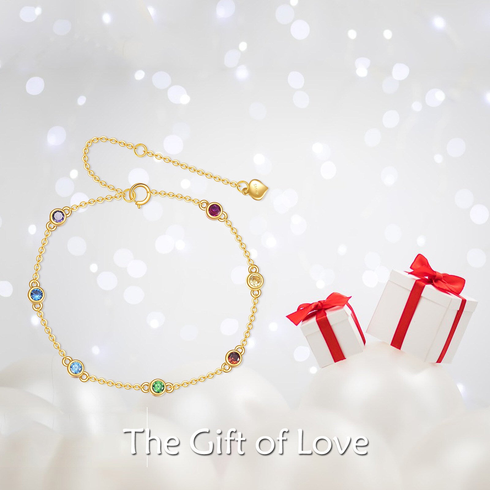 14K Gold Cubic Zirconia Rainbow Charm Bracelet