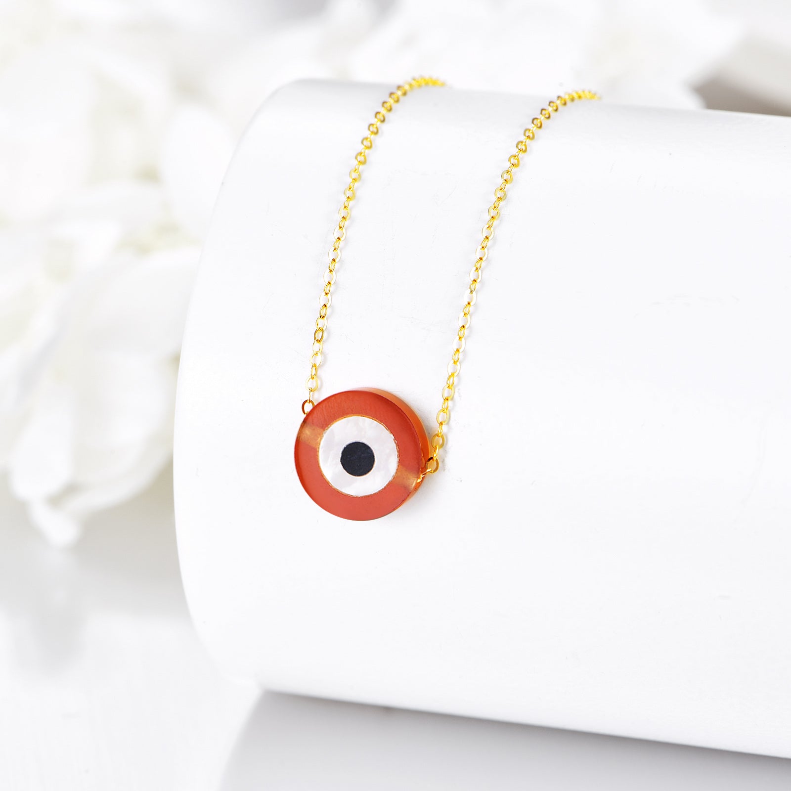 14K Gold Red Agate Evil Eye Pendant Necklace