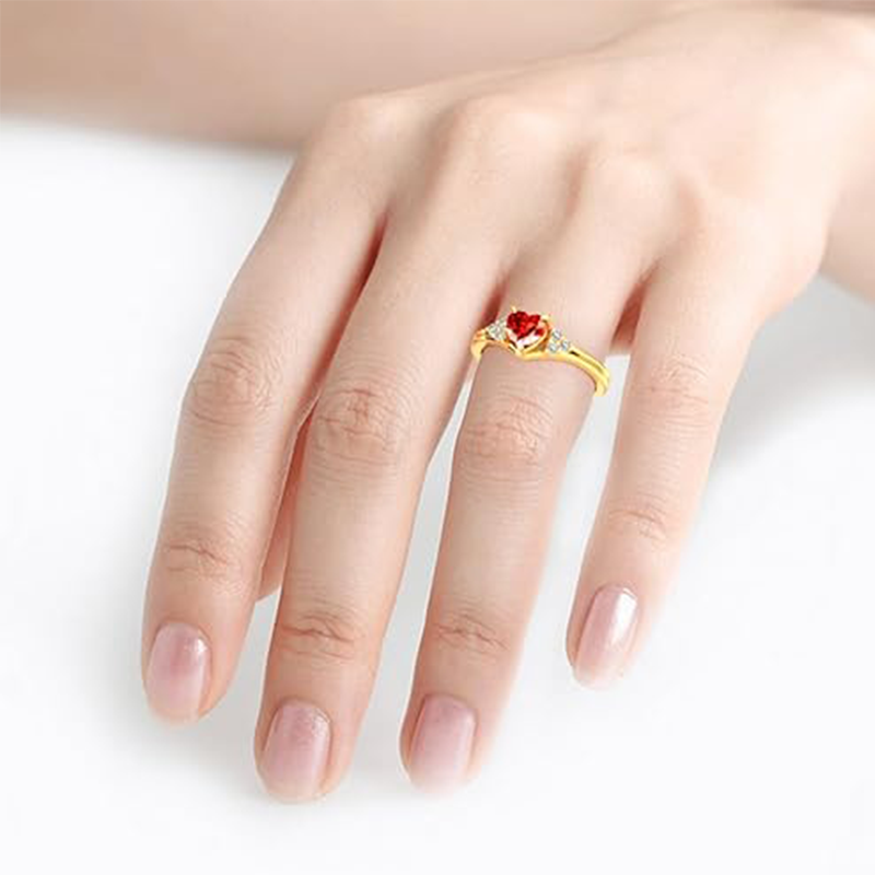 14K Gold Red Cubic Zirconia Heart Ring