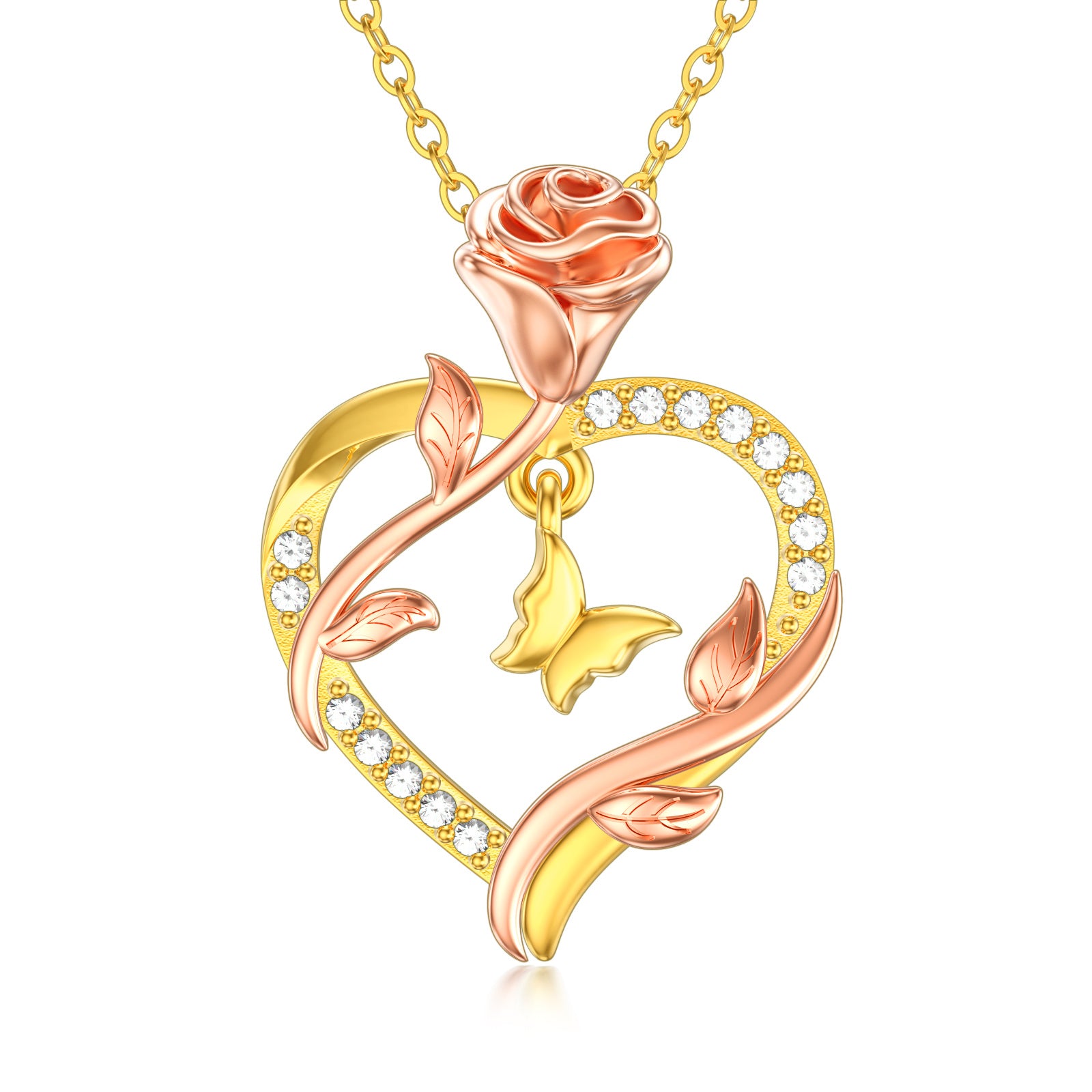 14K Gold Rose Gold Butterfly & Rose Necklace For Women