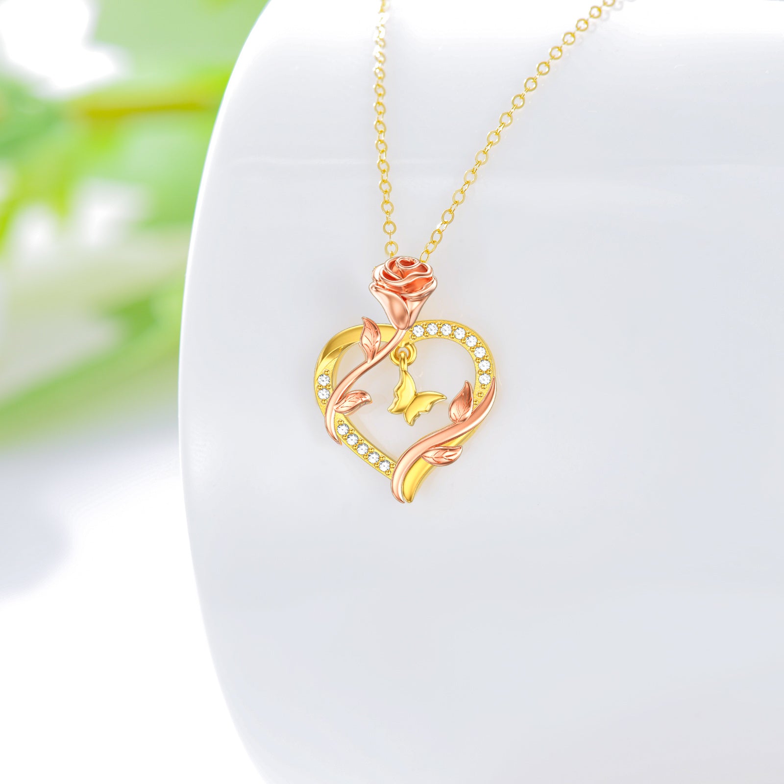 14K Gold Rose Gold Butterfly & Rose Necklace For Women