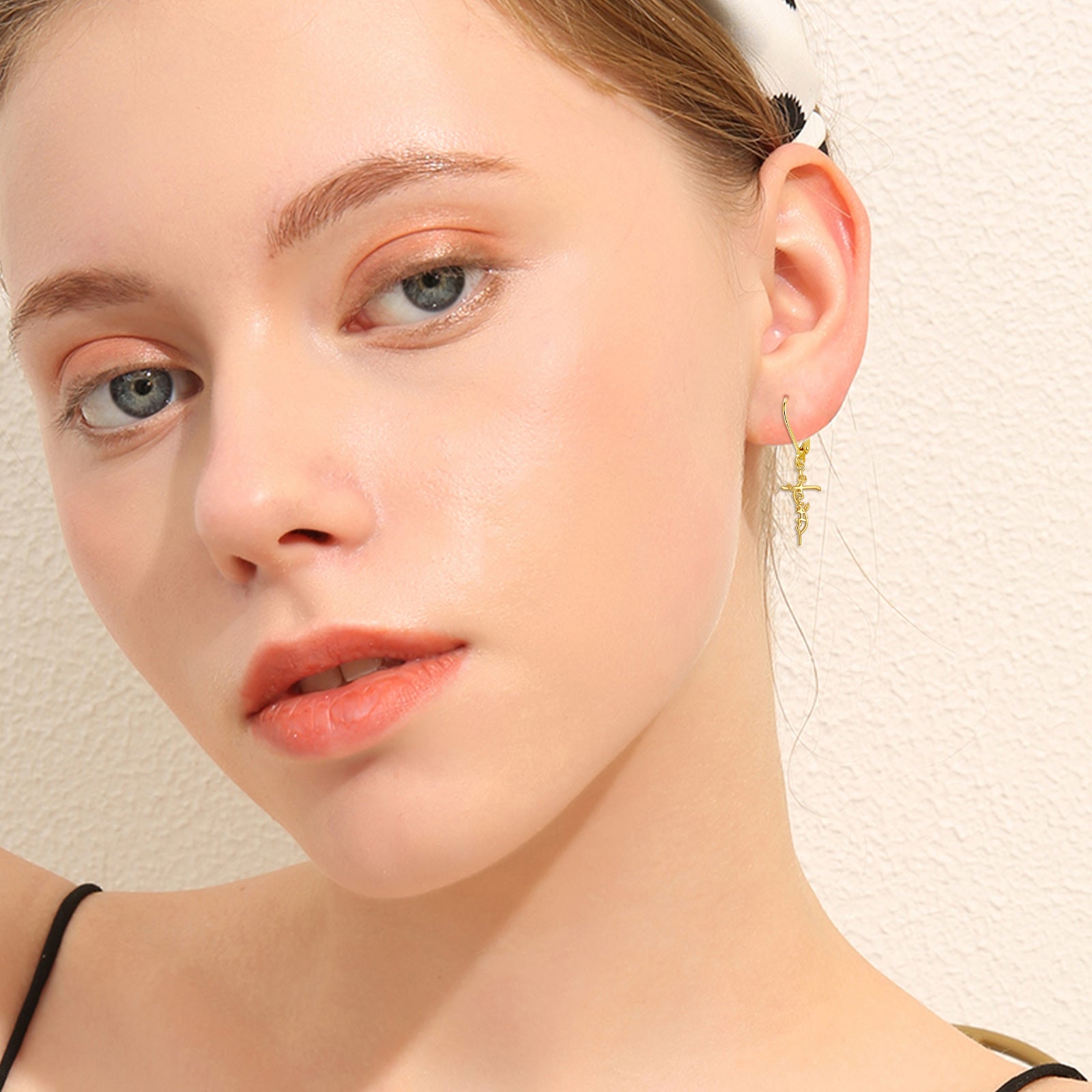 14K Gold Rose & Cross Lever-back Earrings