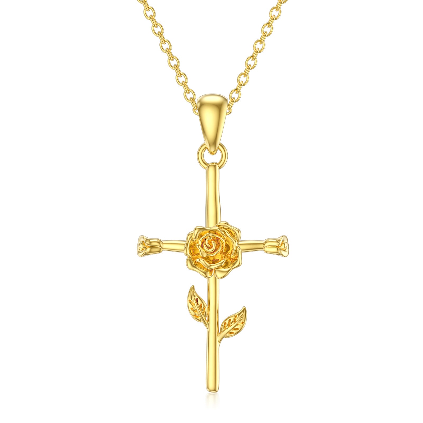 14K Gold Rose & Cross Pendant Necklace