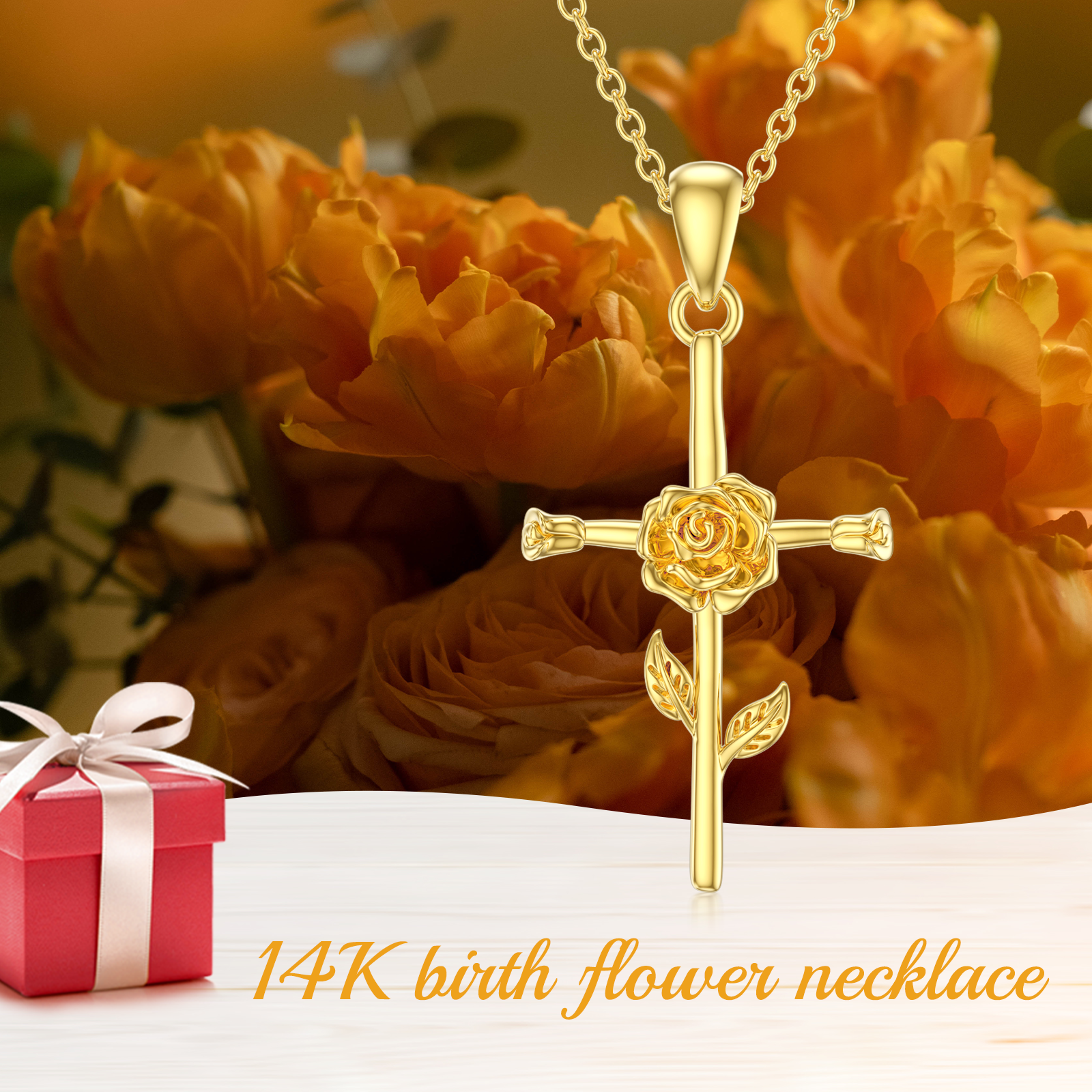 14K Gold Rose & Cross Pendant Necklace