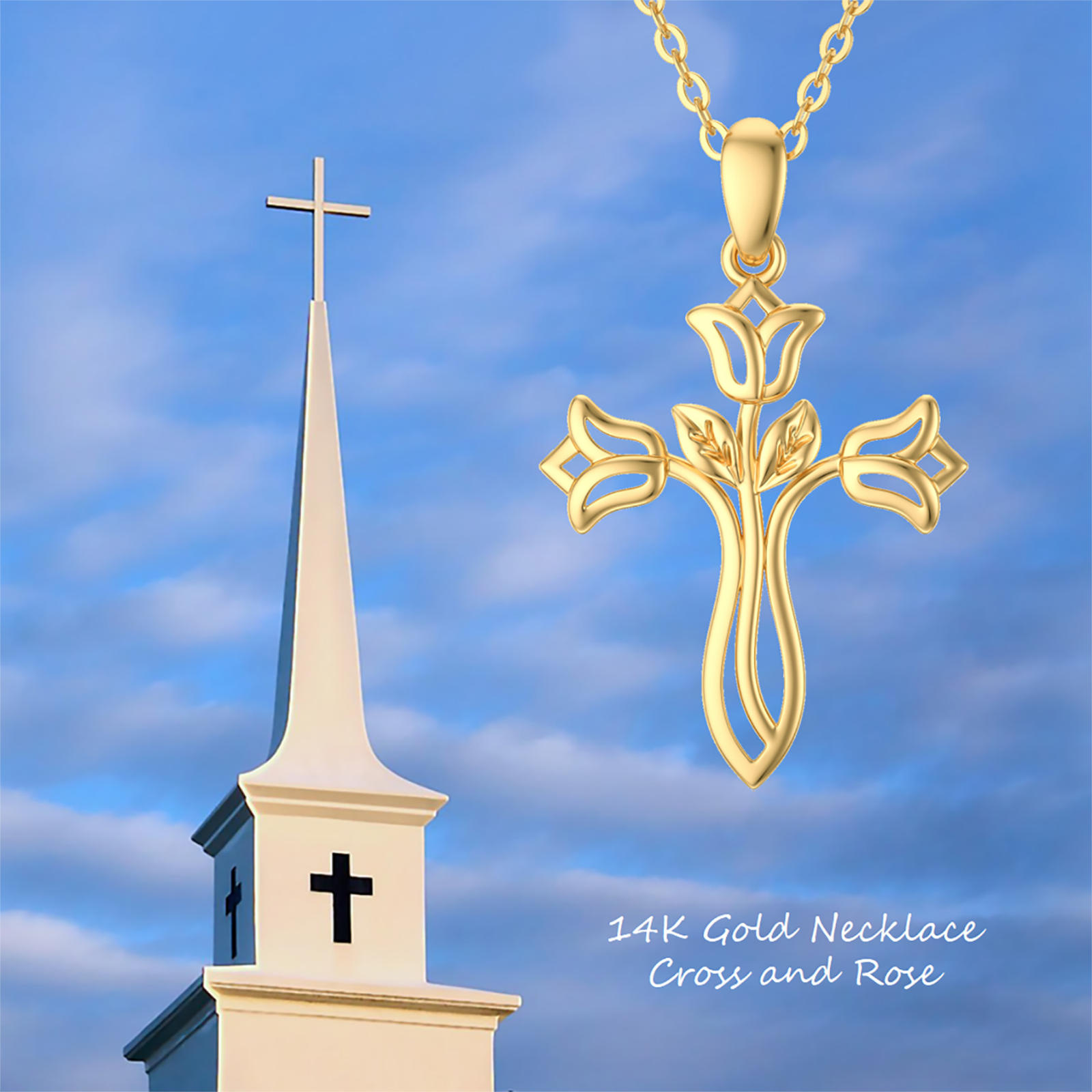 14K Gold Rose & Cross Pendant Necklace