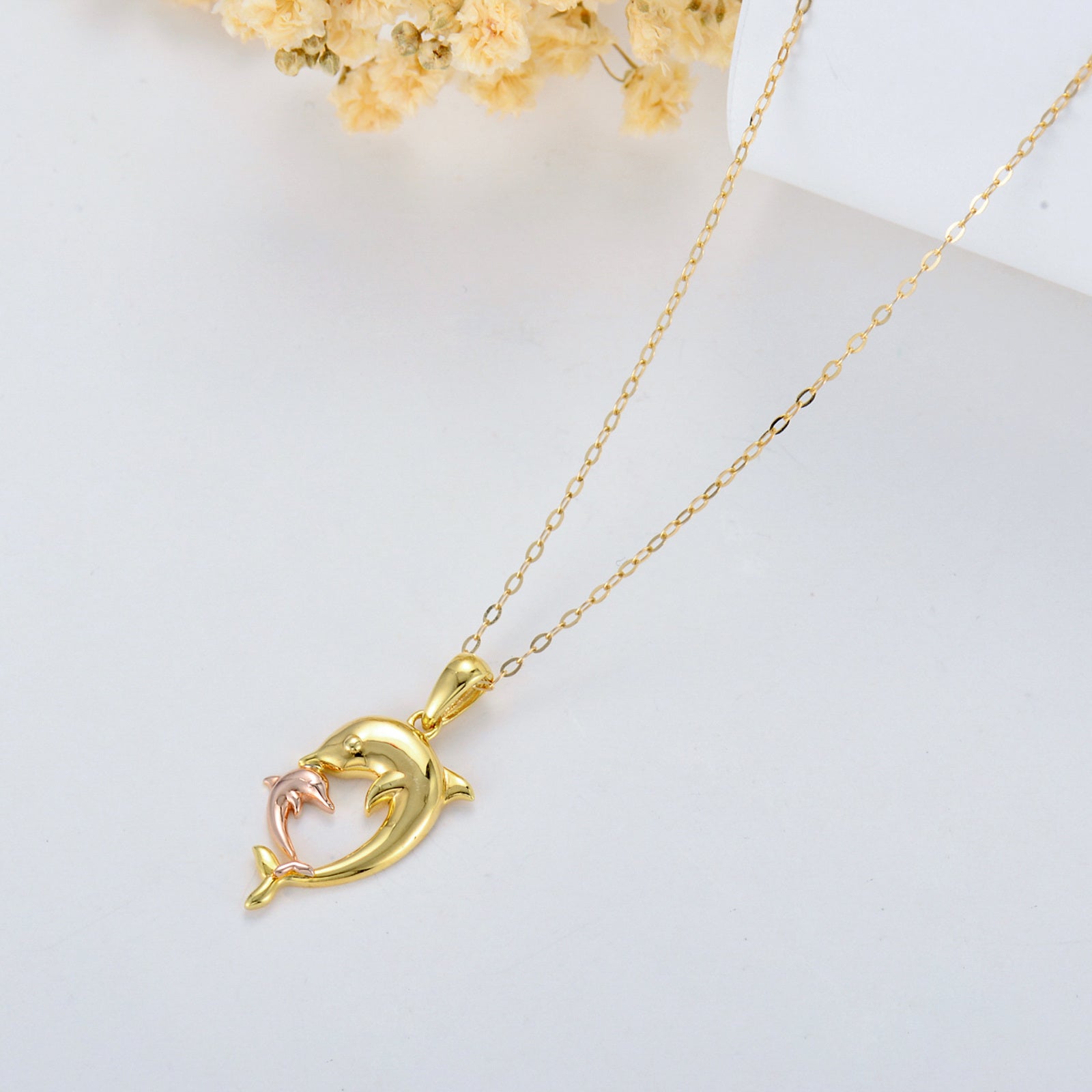 14K Gold Two-Tone Dolphins Pendant Necklace For Women