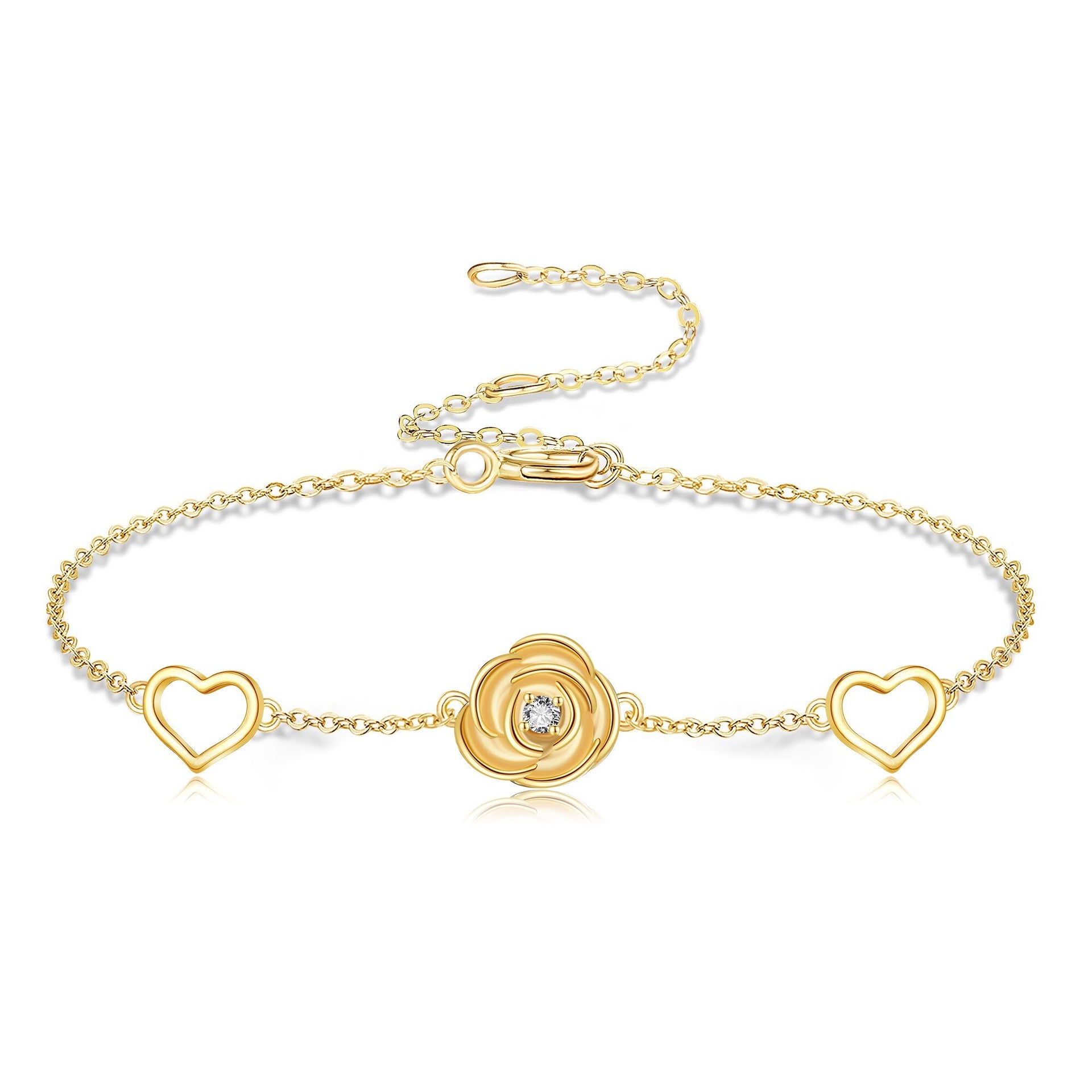 14K Gold Cubic Zirconia Rose & Heart Charm Bracelet