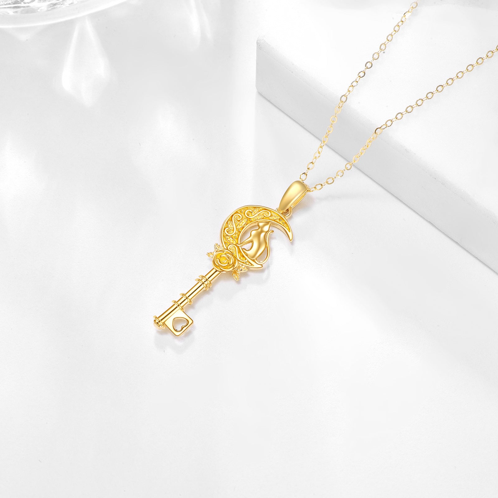 14K Gold Rose Key And Moon Pendant Necklace For Women