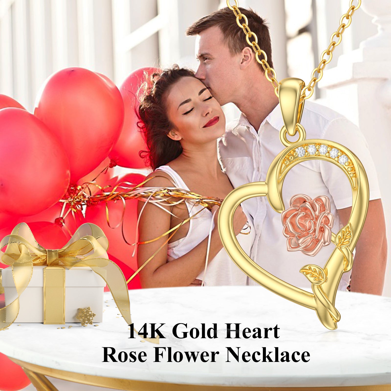 14K Gold Two Tone Moissanite Rose With Heart Pendant Necklace For Women