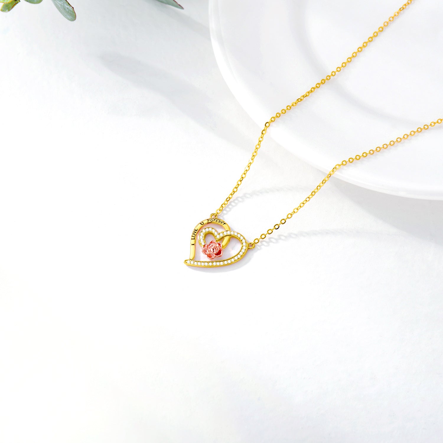 14K Gold Two-Tone Moissanite Rose Heart With Heart Pendant Necklace With Engraved Word For Women