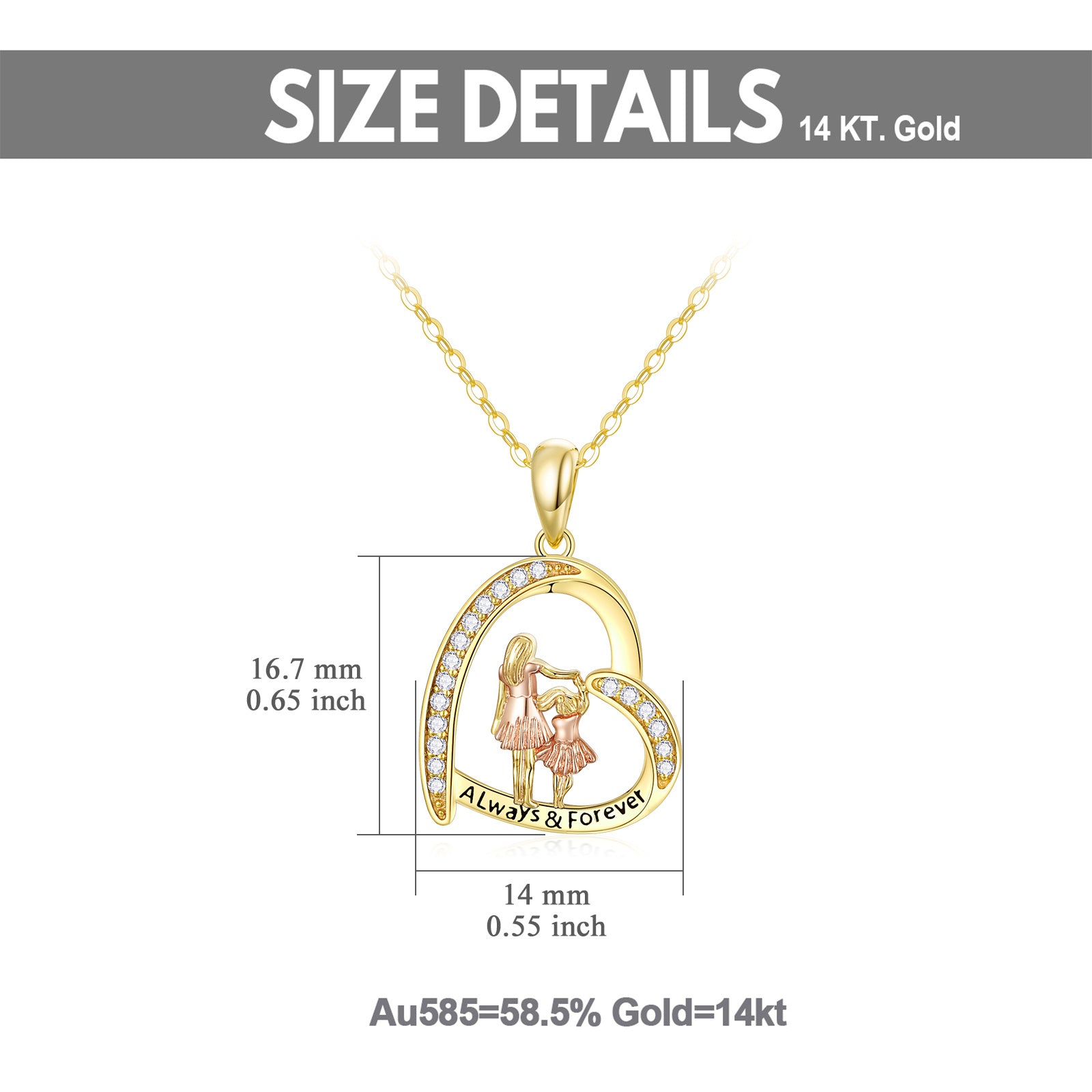14K Two-Tone Cubic Zirconia Mother With Daughter Heart Pendant Necklace For Women Best Friend
