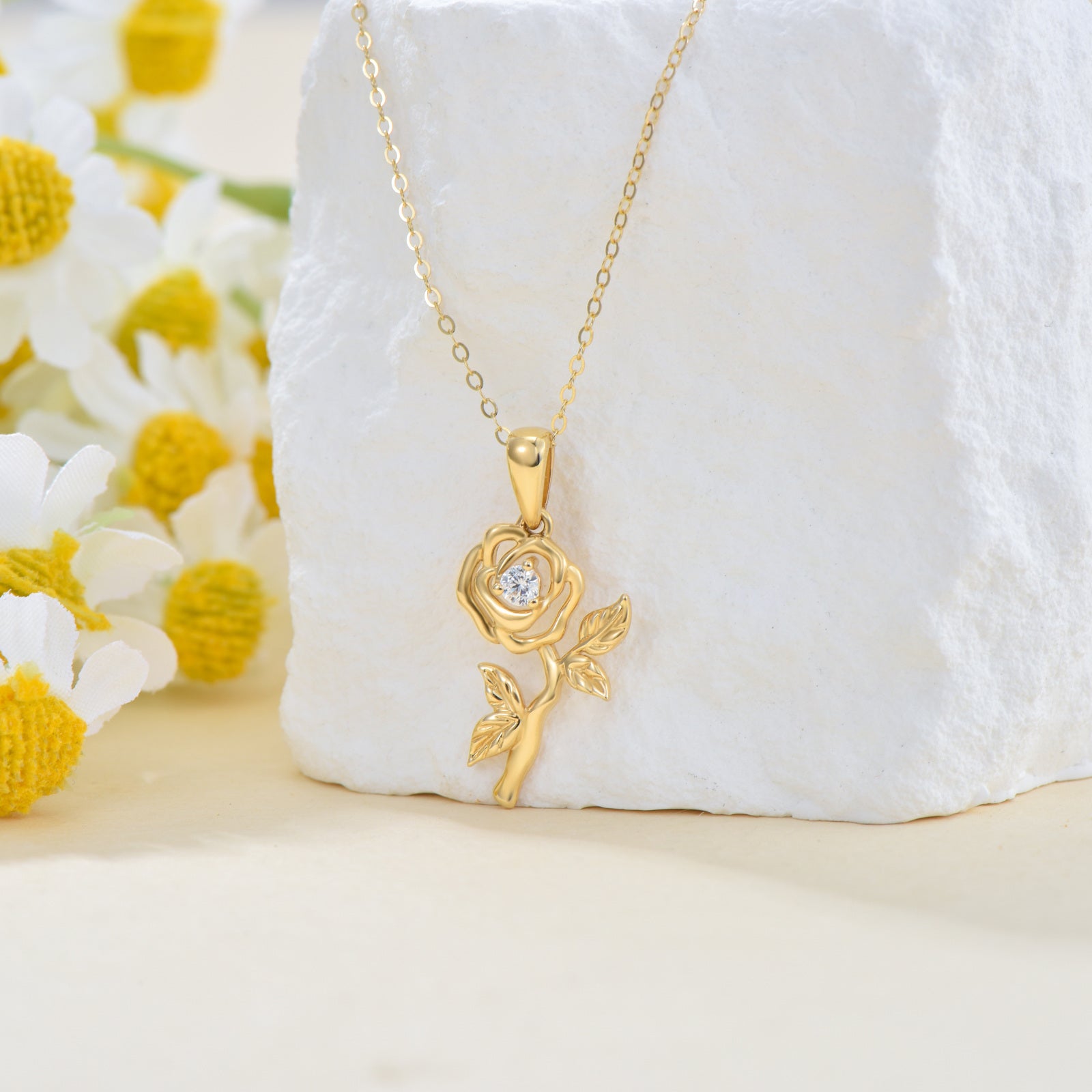 14K Gold Cubic Zirconia Rose Pendant Necklace