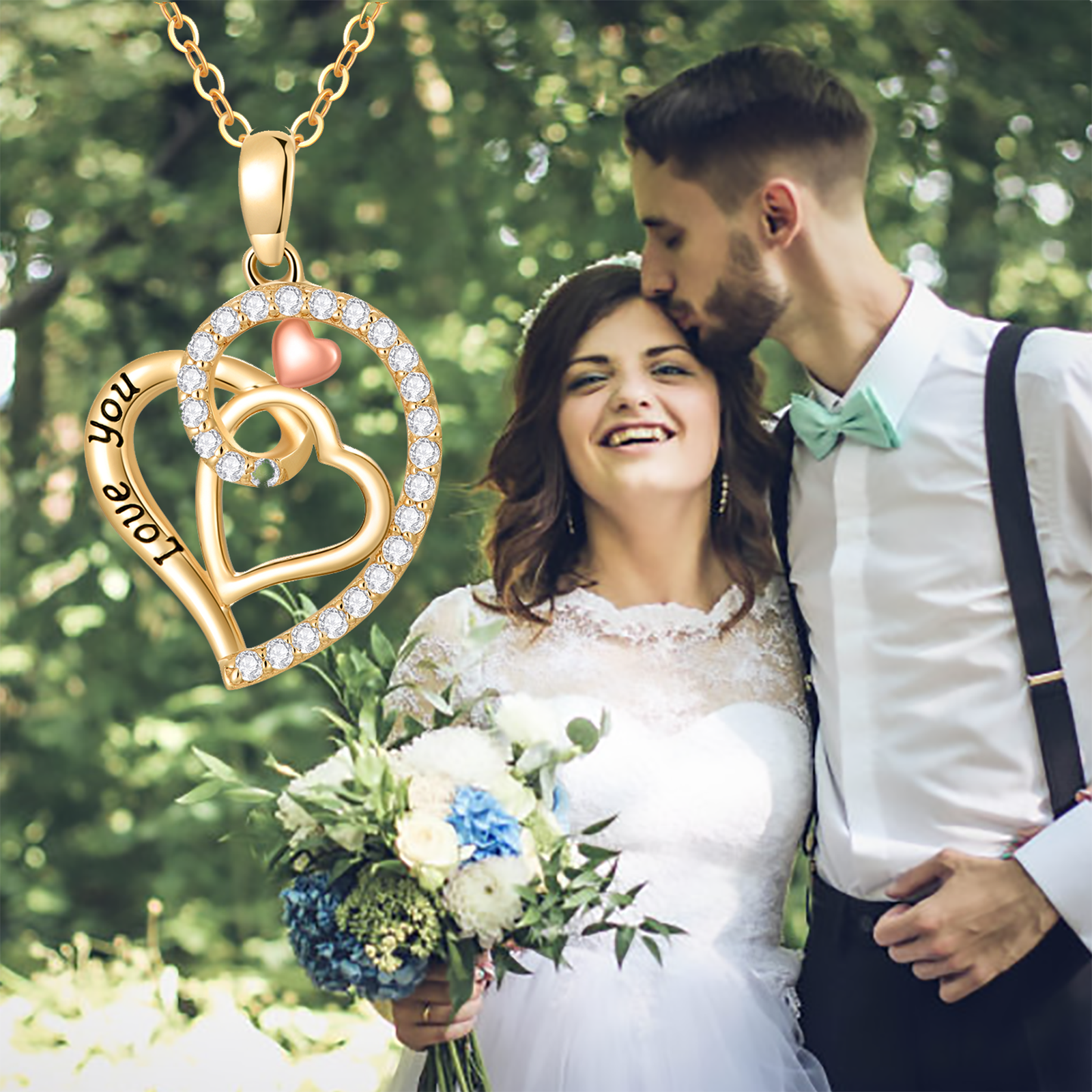 14K Gold Two-Tone Zircon Heart With Heart Pendant Necklace With Engraved Word For Women