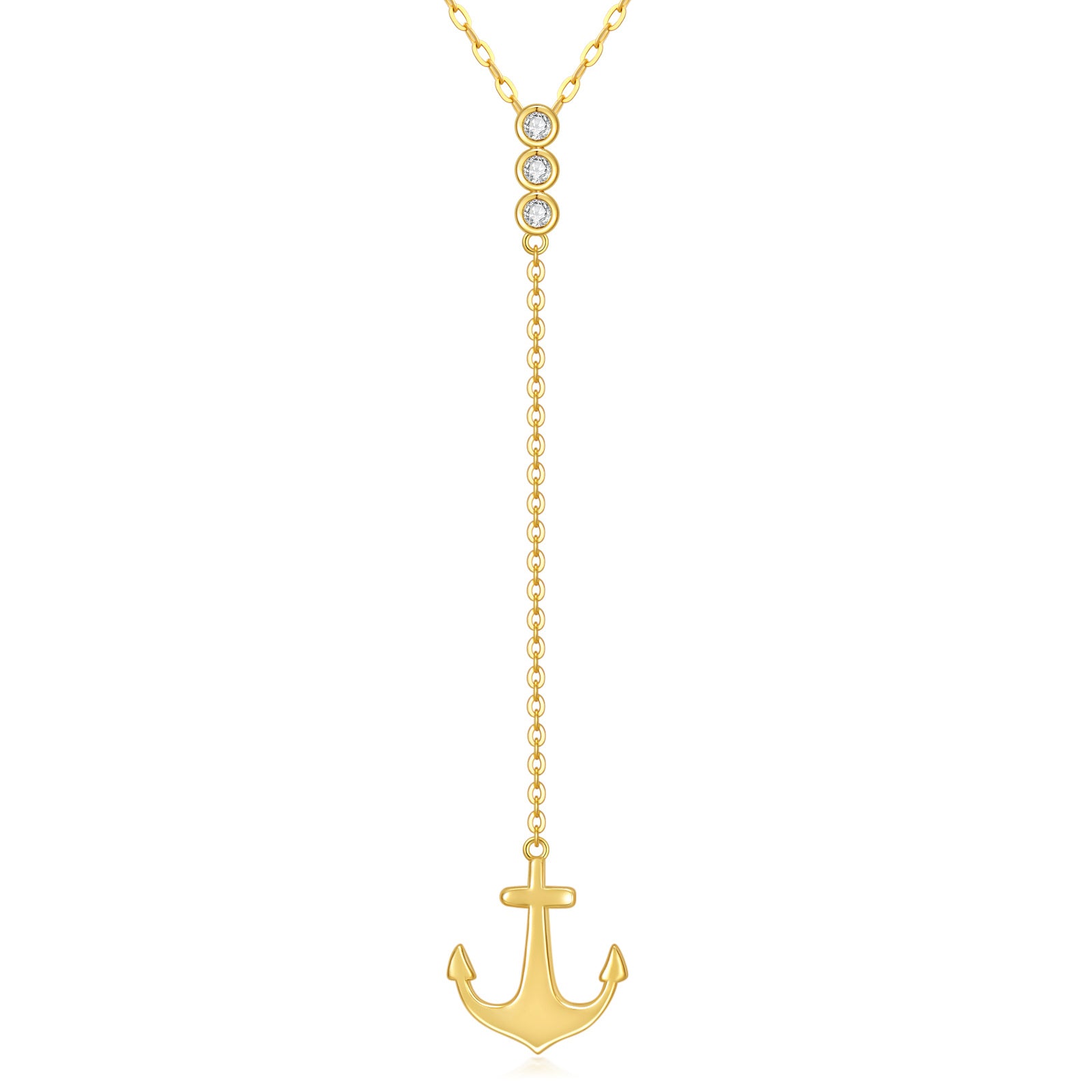 14K Gold Round Cut Cubic Zirconia Anchor Non-adjustable Y-Necklace