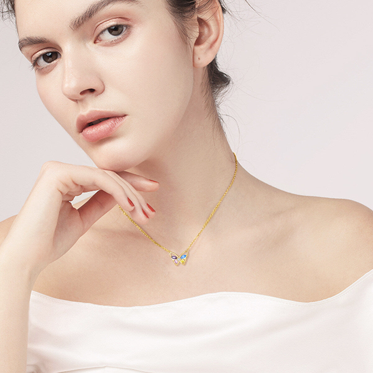 14K Gold Round Cubic Zirconia Butterfly Pendant Necklace