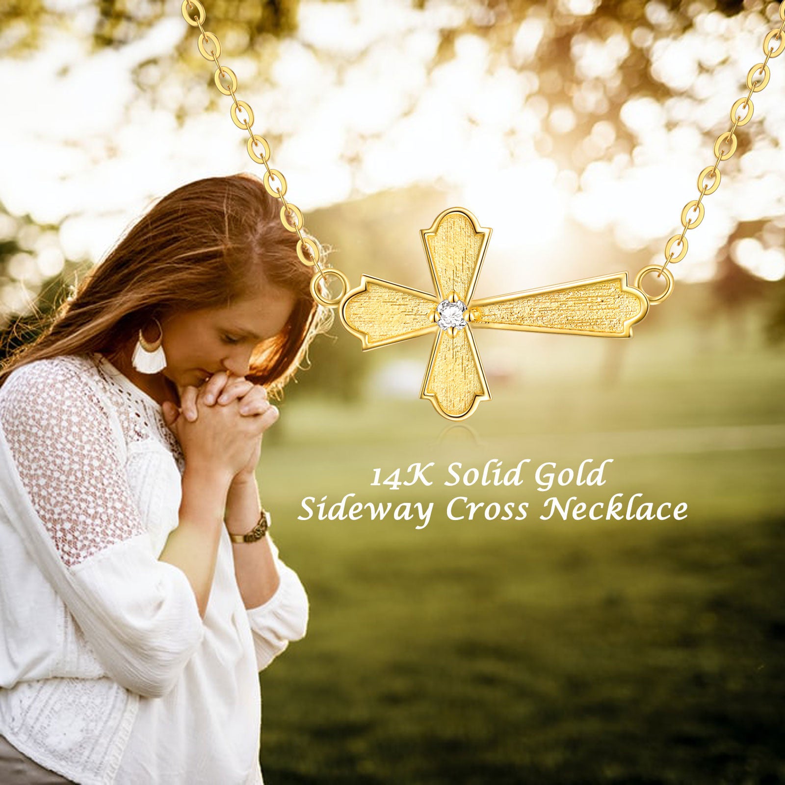 14K Gold Round Cross Pendant Necklace
