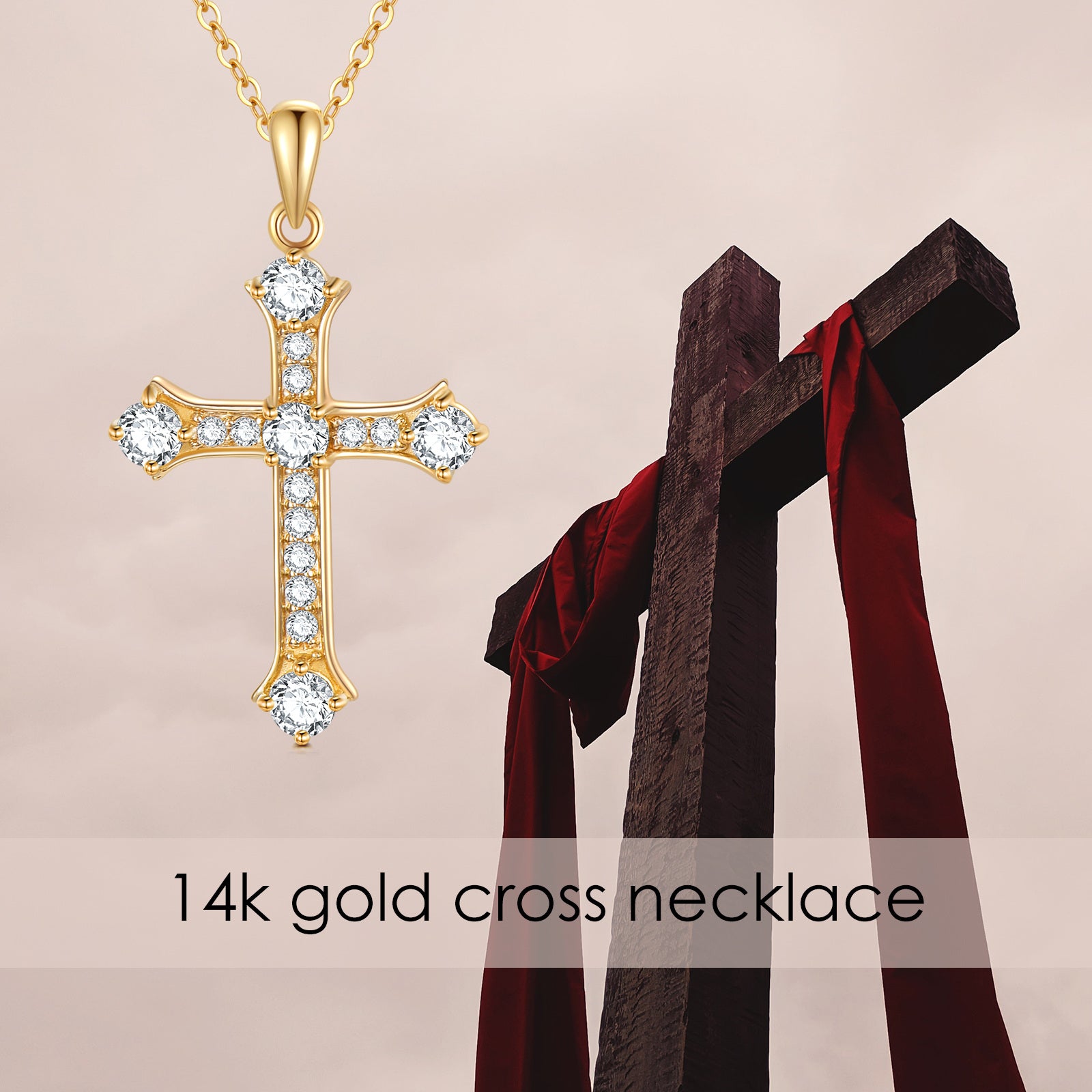 14K Gold Round Cubic Zirconia Cross Pendant Necklace