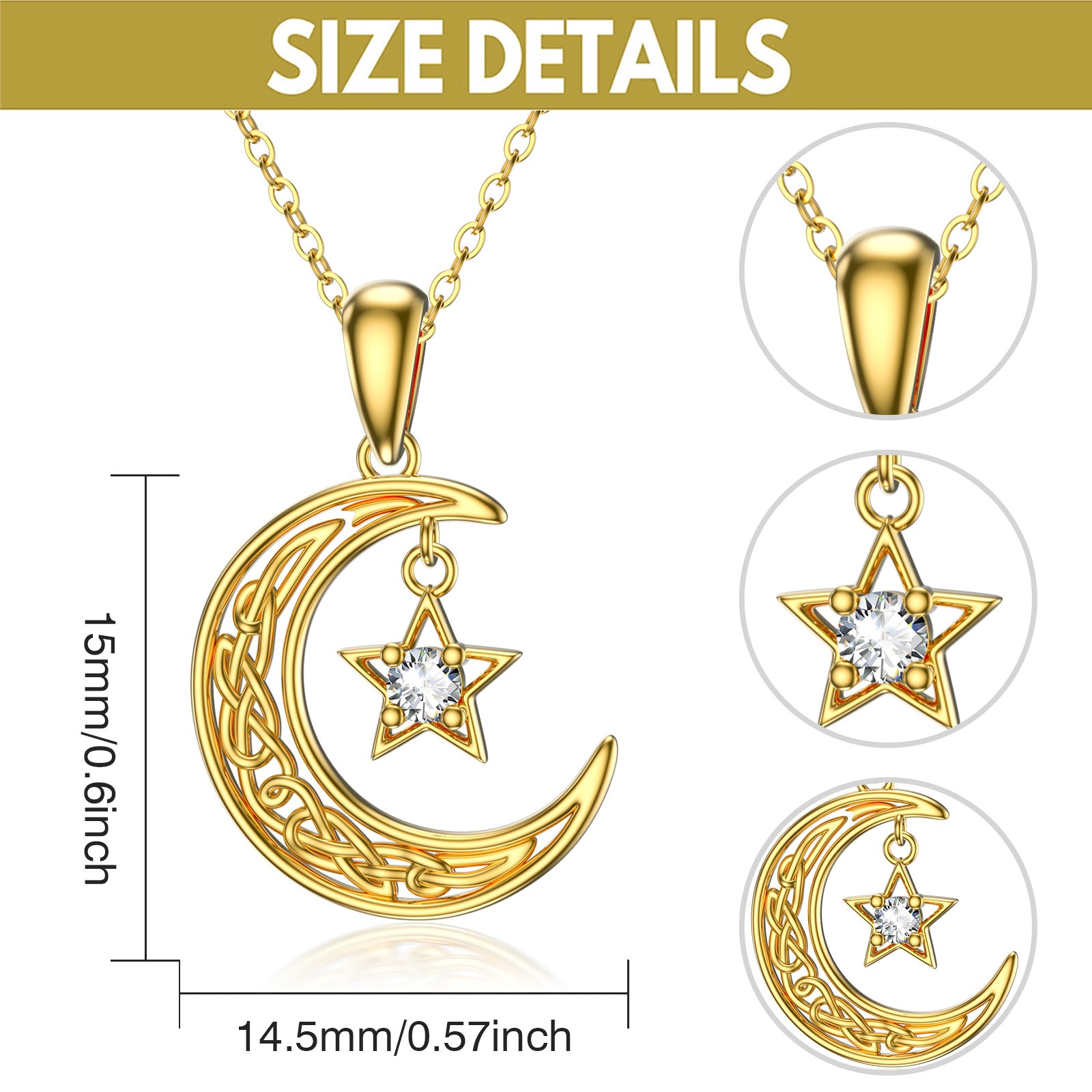 14K Gold Round Crystal Moon Pendant Necklace