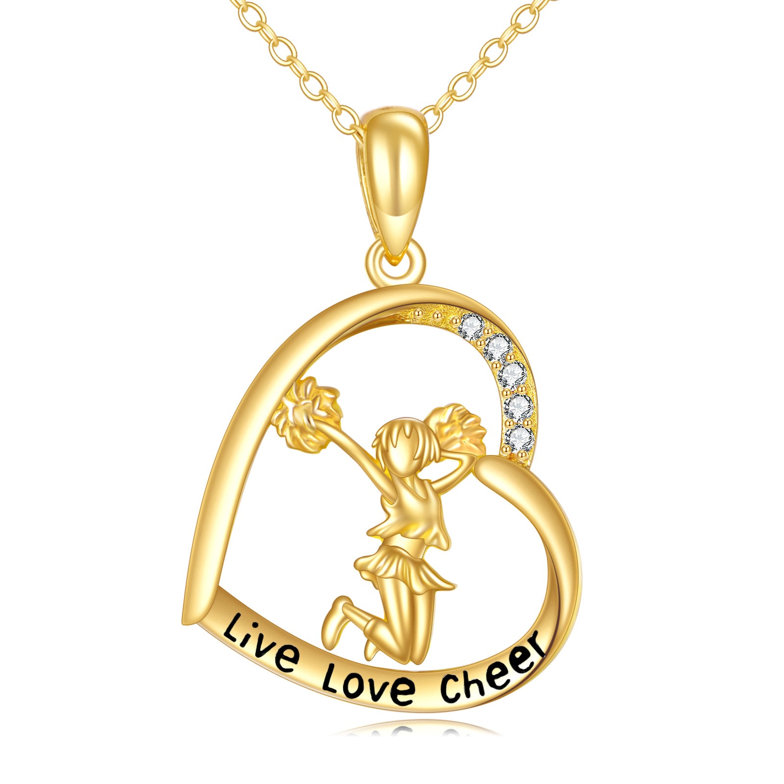 14K Gold Round Cubic Zirconia Dancing Girl & Heart Pendant Necklace