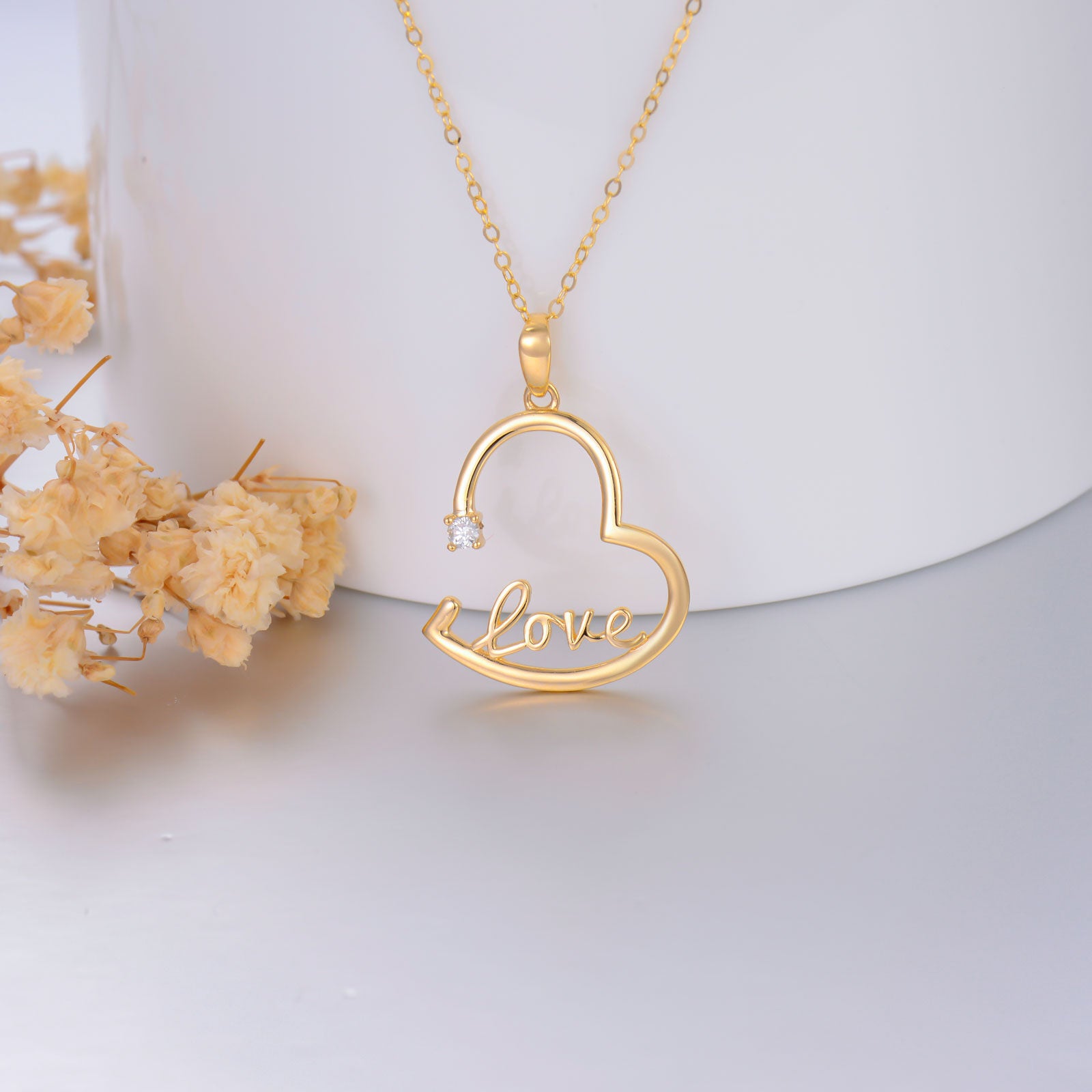 14K Gold Round Diamond Heart Pendant Necklace with Engraved Word