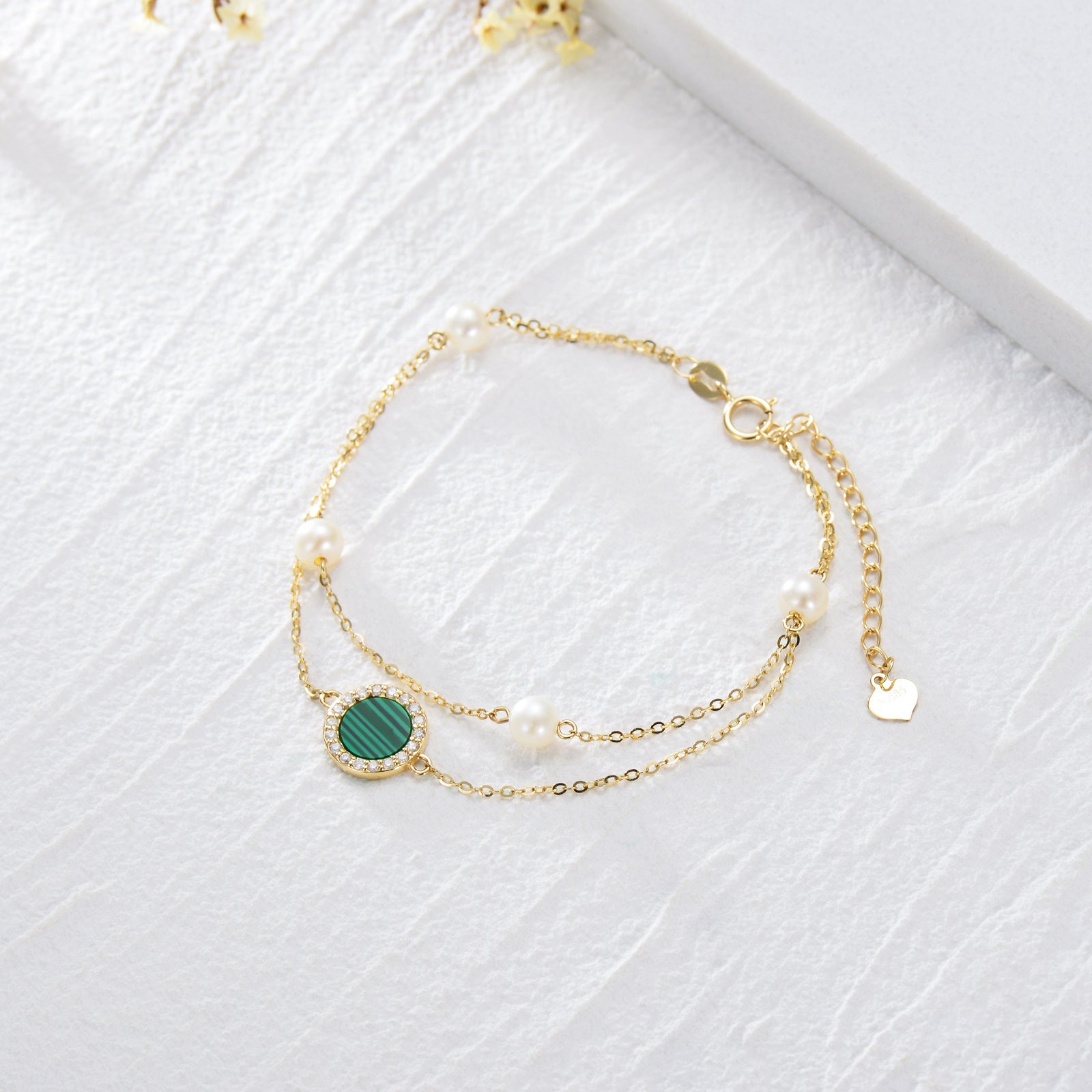 14K Gold Round Malachite With Diamond & Pearl Layerered Bracelet For Women