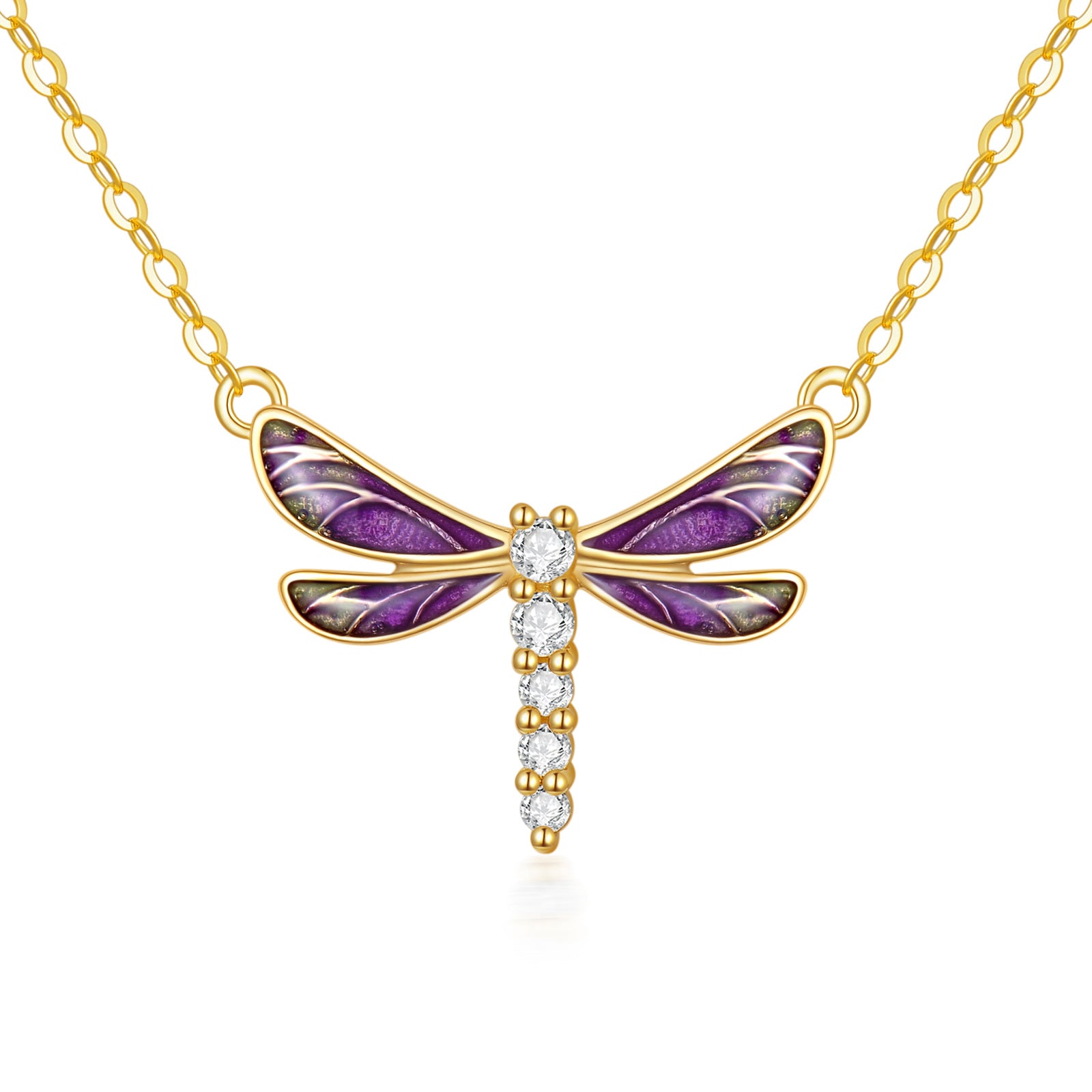 9K Gold Round Cubic Zirconia Dragonfly Pendant Necklace