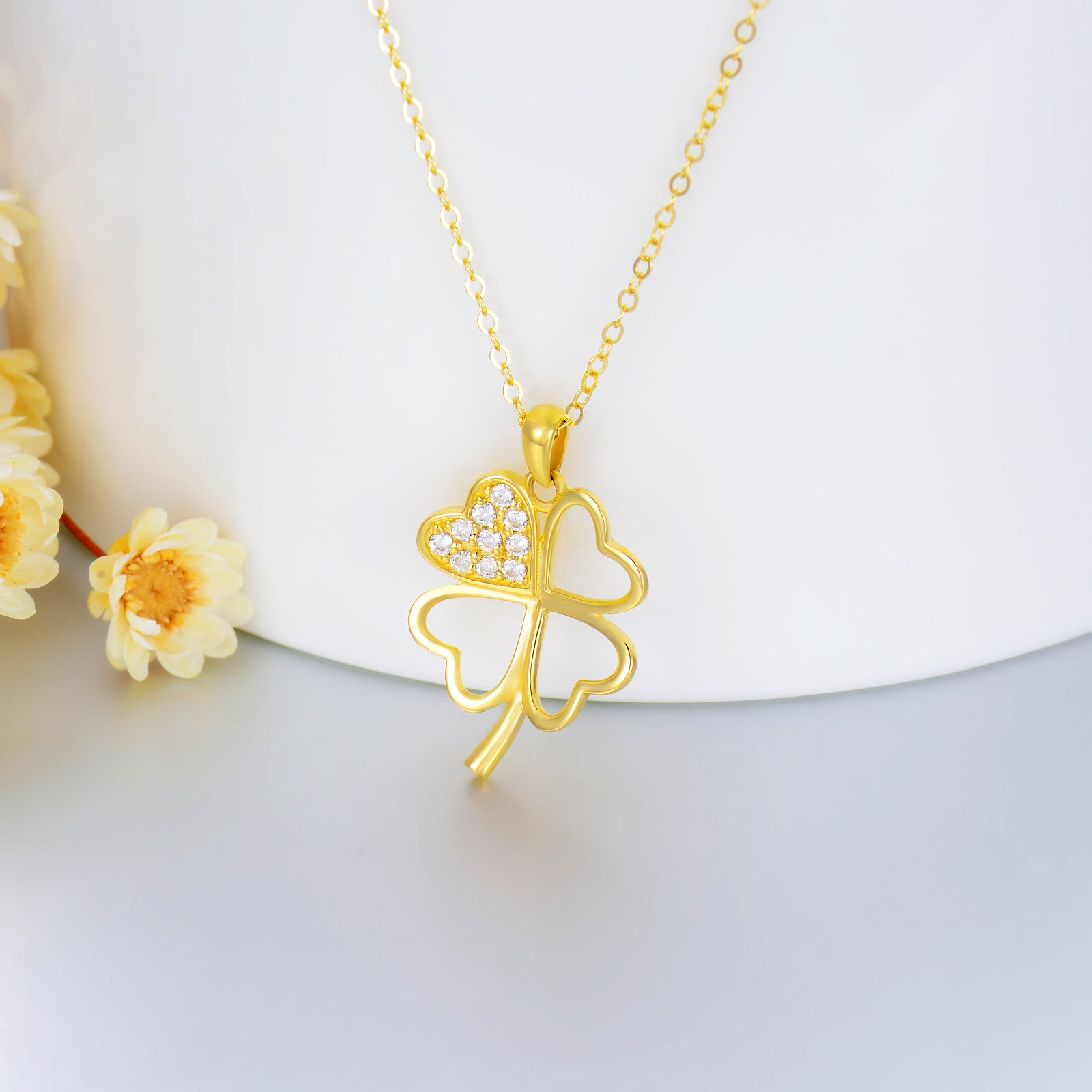 14K Gold Round Cubic Zirconia Four-leaf Clover Pendant Necklace