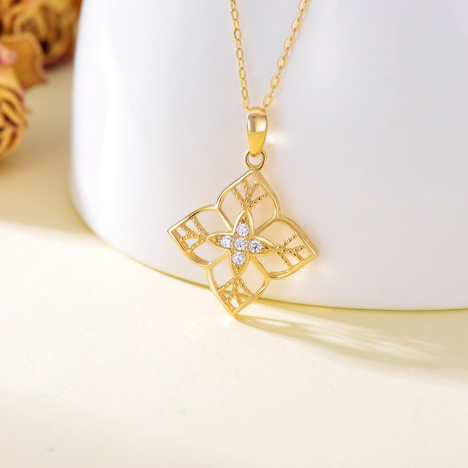 14K Gold Round Cubic Zirconia Four-leaf Clover Pendant Necklace