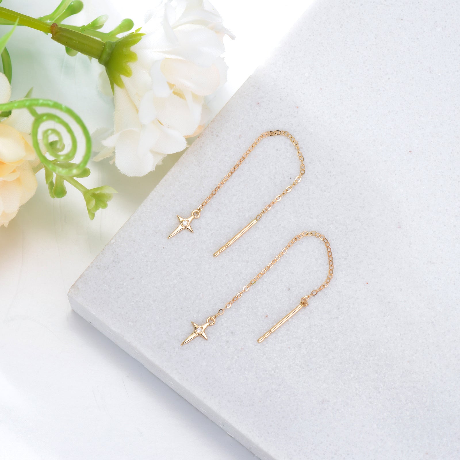 14K Gold Round Moissanite Cross Drop Earrings