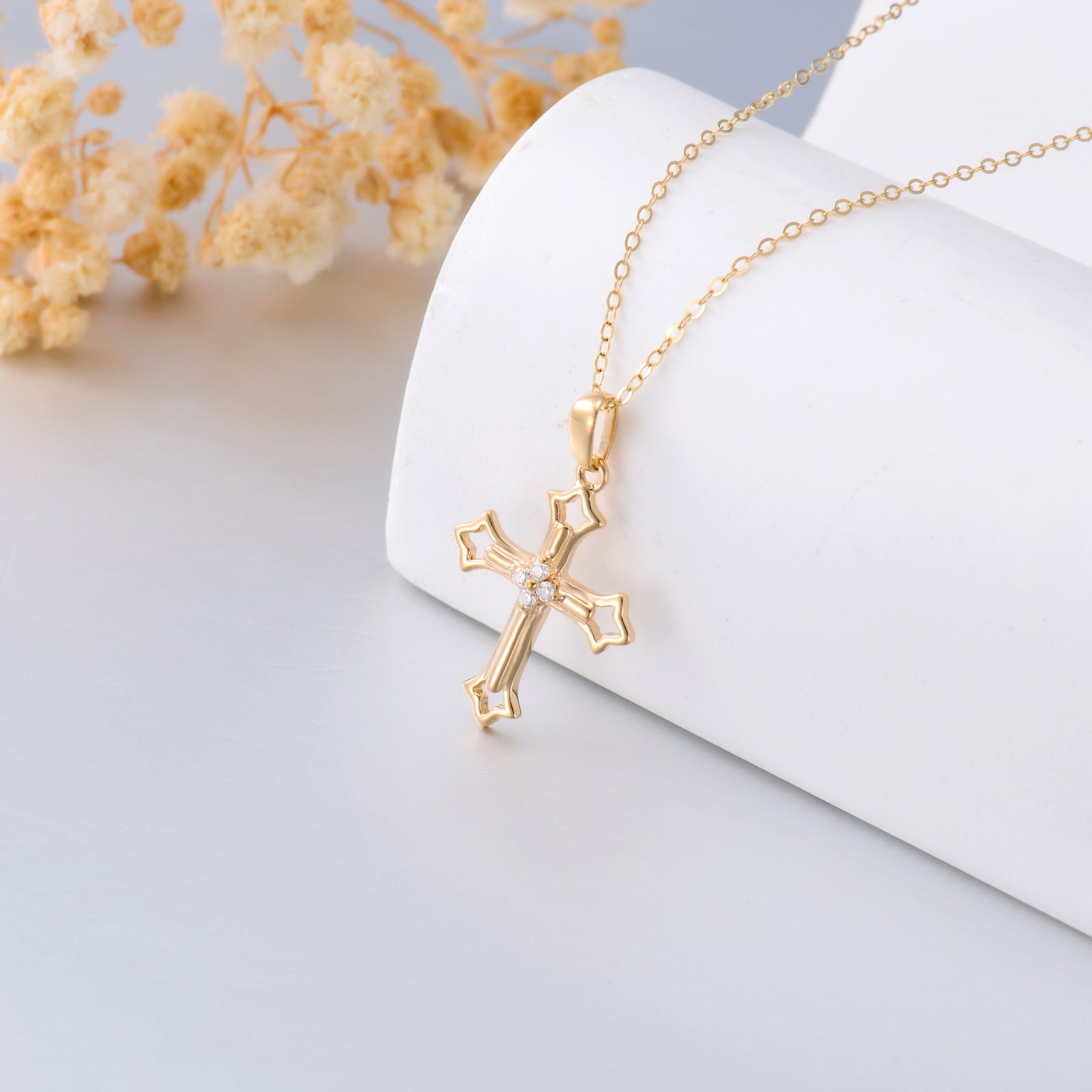 14K Gold Round Moissanite Cross Pendant Necklace
