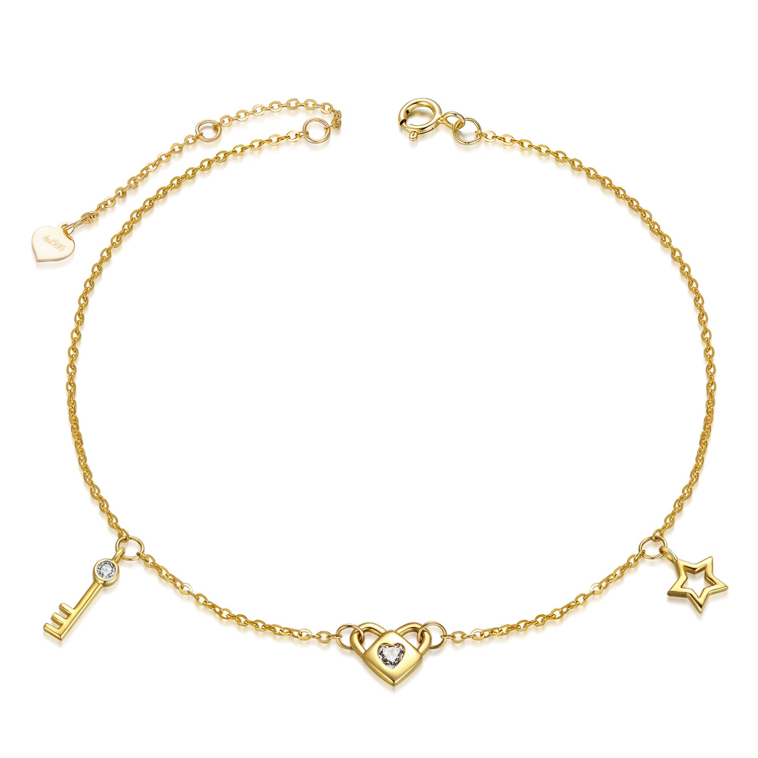 14K Yellow Gold Round Moissanite Heart With Key With Lock With Star Charm Bracelet For Women