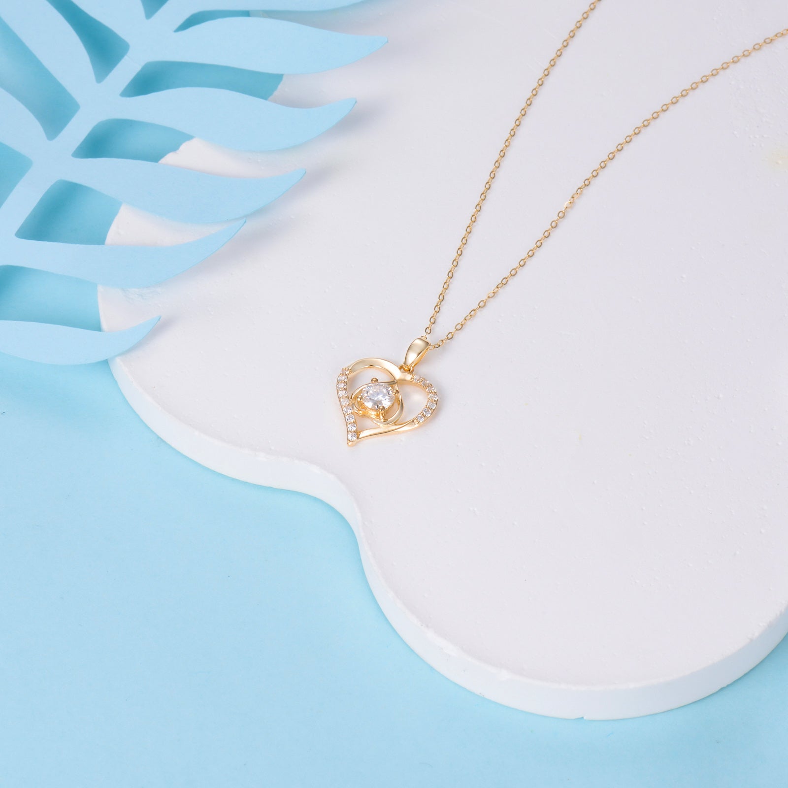 14K Gold Round Moissanite Heart Pendant Necklace