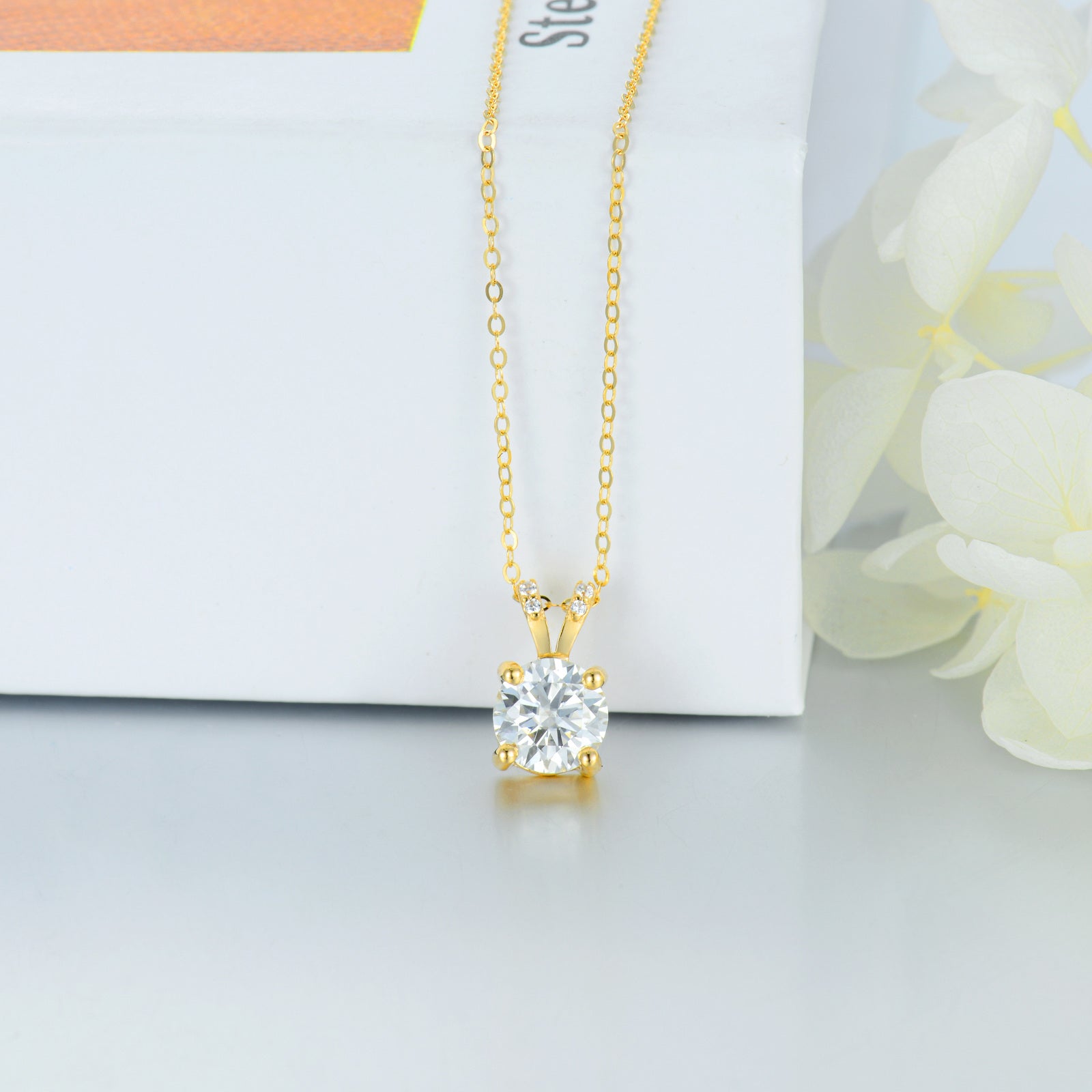 14K Gold Round Moissanite Pendant Necklace For Women
