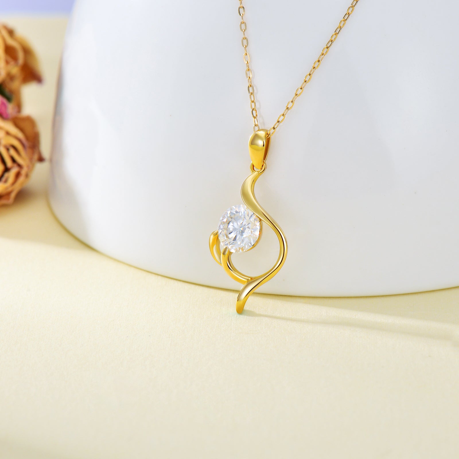 14K Gold Round Moissanite Pendant Necklace For Women