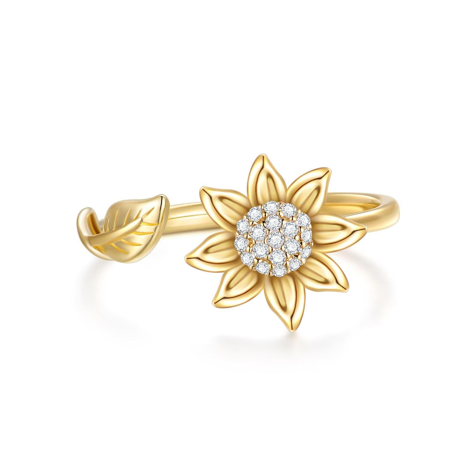14K Gold Moissanite Sunflower Open Ring Jewelry Gift for Women