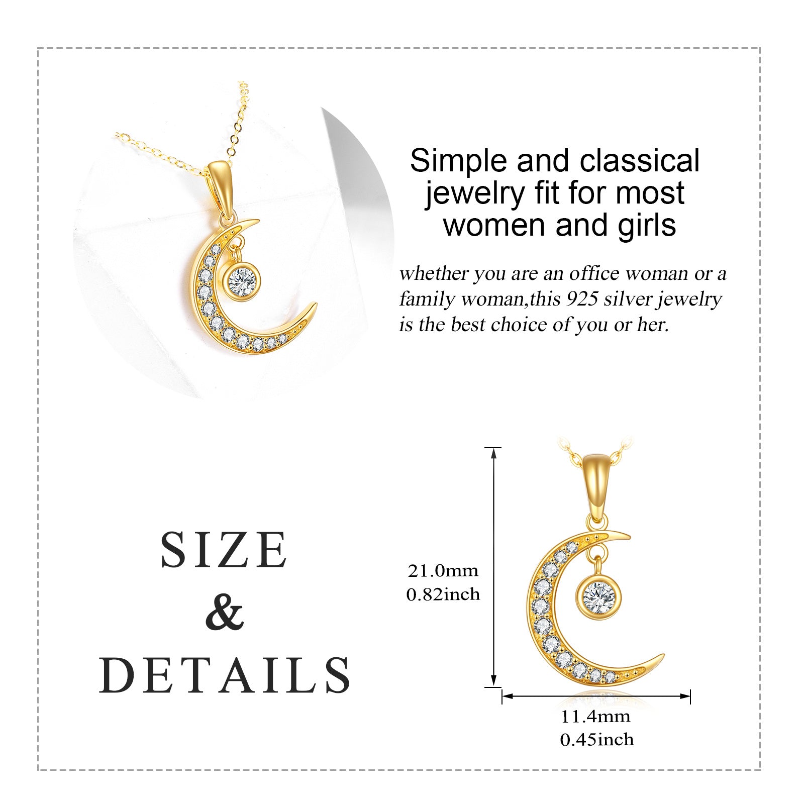 14K Gold Round Cubic Zirconia Moon & Sun Pendant Necklace