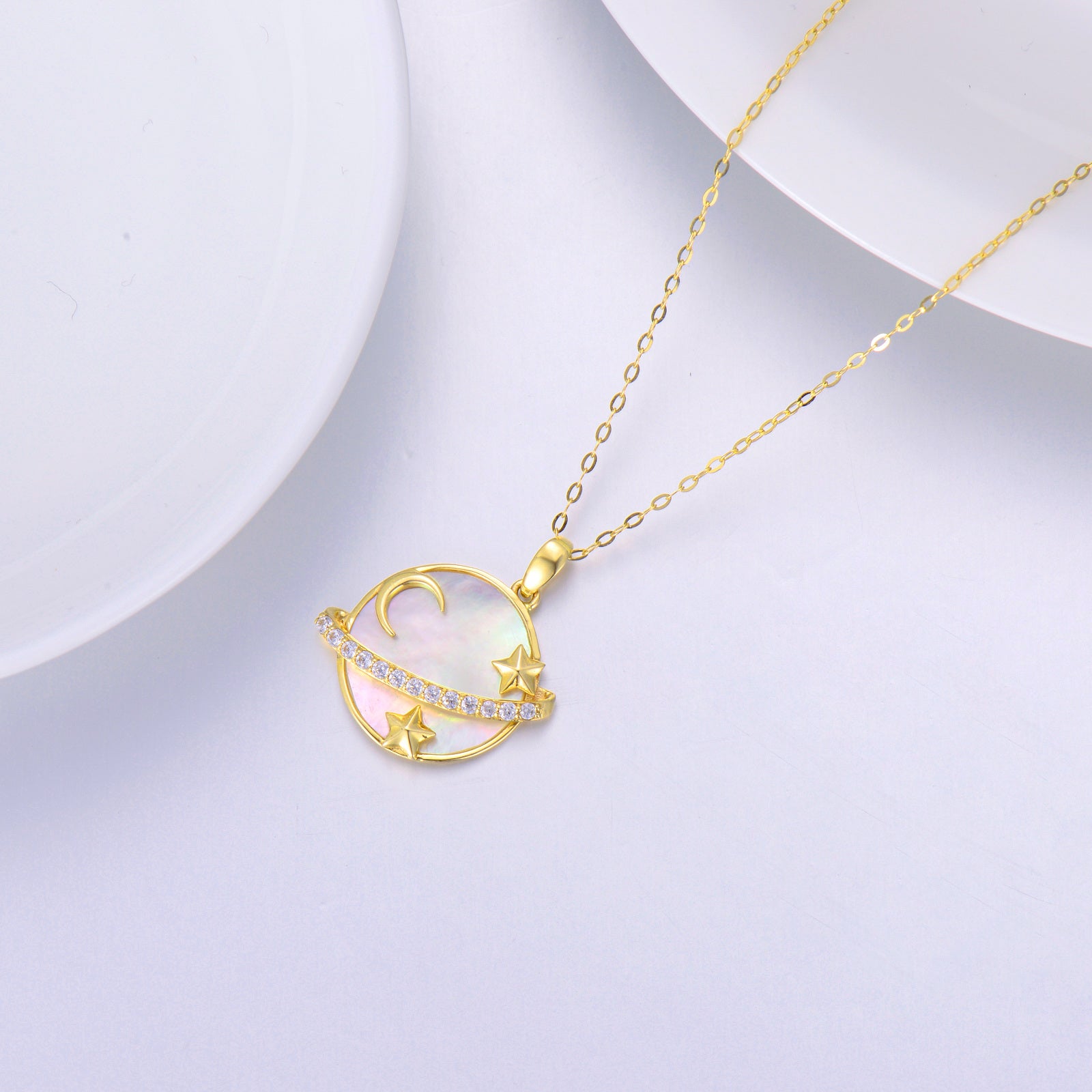 14K Gold Round Mother Of Pearl Moon & Planet With Star Pendant Necklace For Women