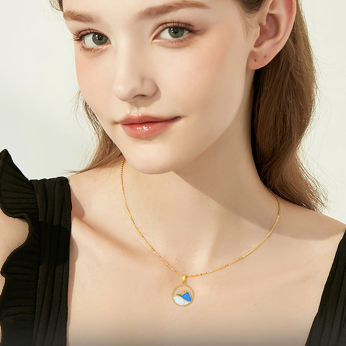 14K Gold Round Opal Mountains Pendant Necklace